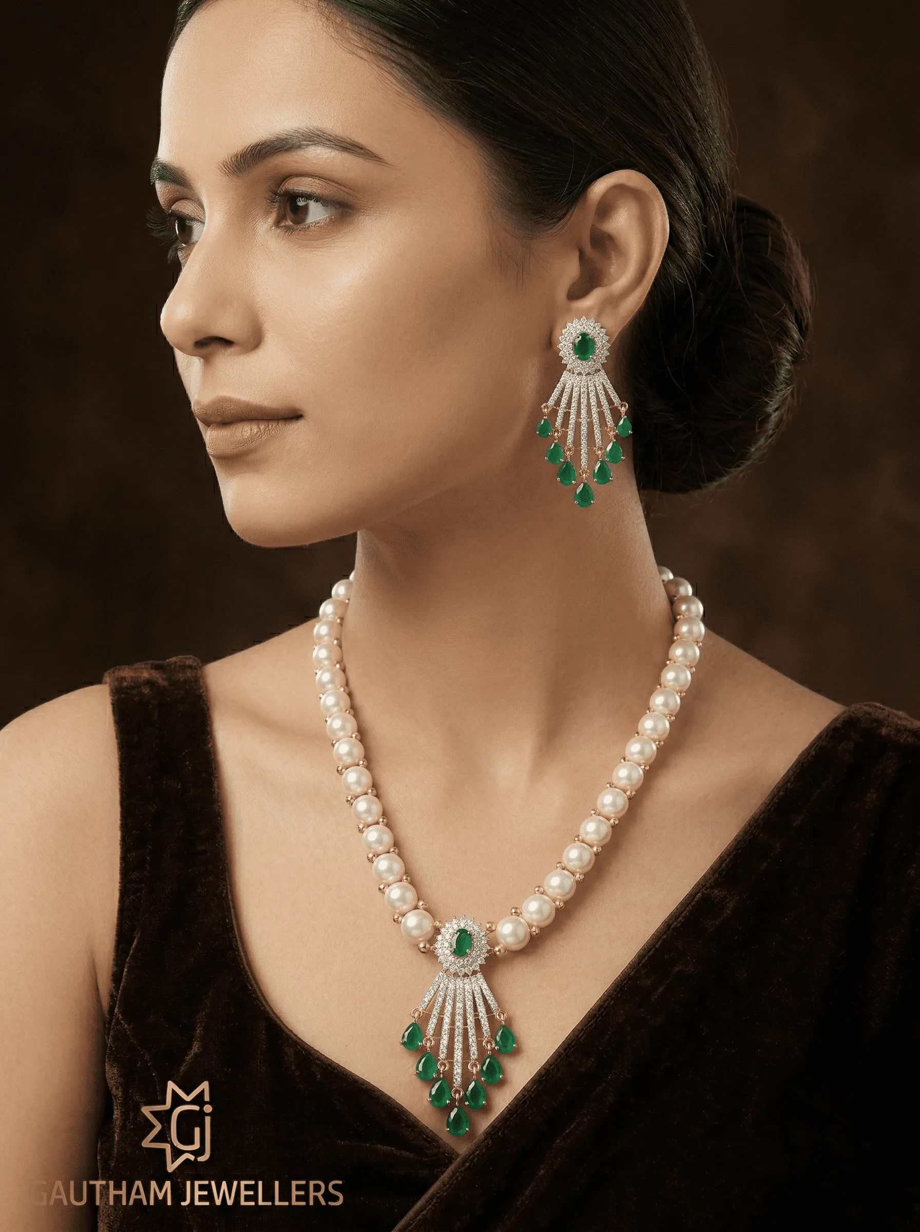 Elegant Pearl Necklace Set with Emerald Drop Pendant & Statement Earrings
