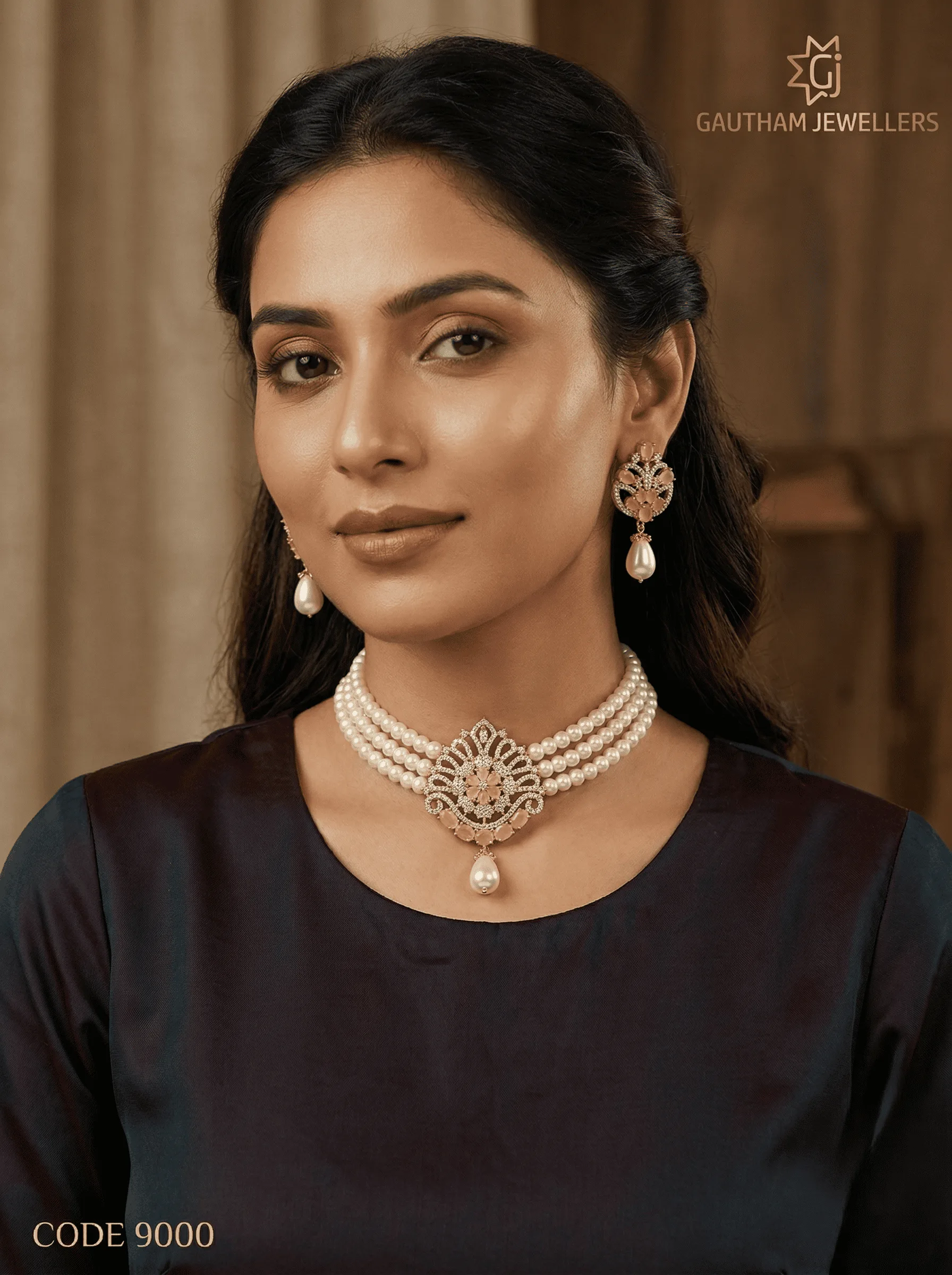 Designer Pearl Choker Necklace Set with Floral Pendant & Pearl Drops