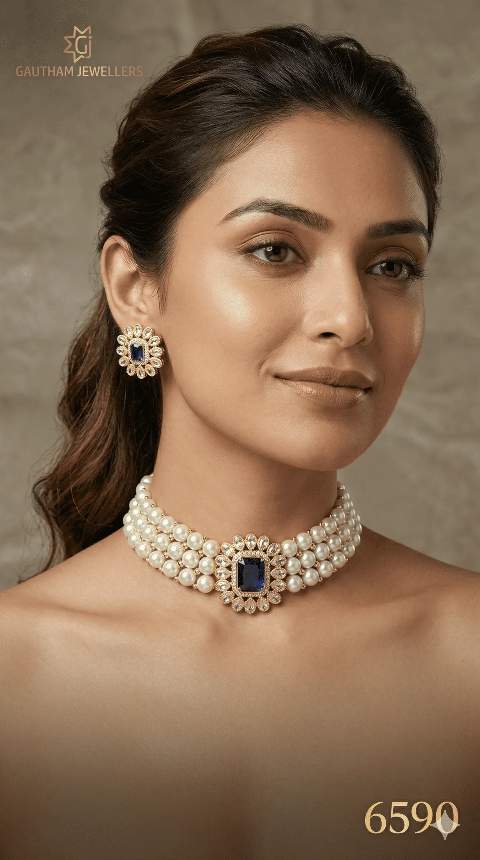 Royal Pearl Choker Necklace Set with Blue Stone Pendant & Earrings for Women