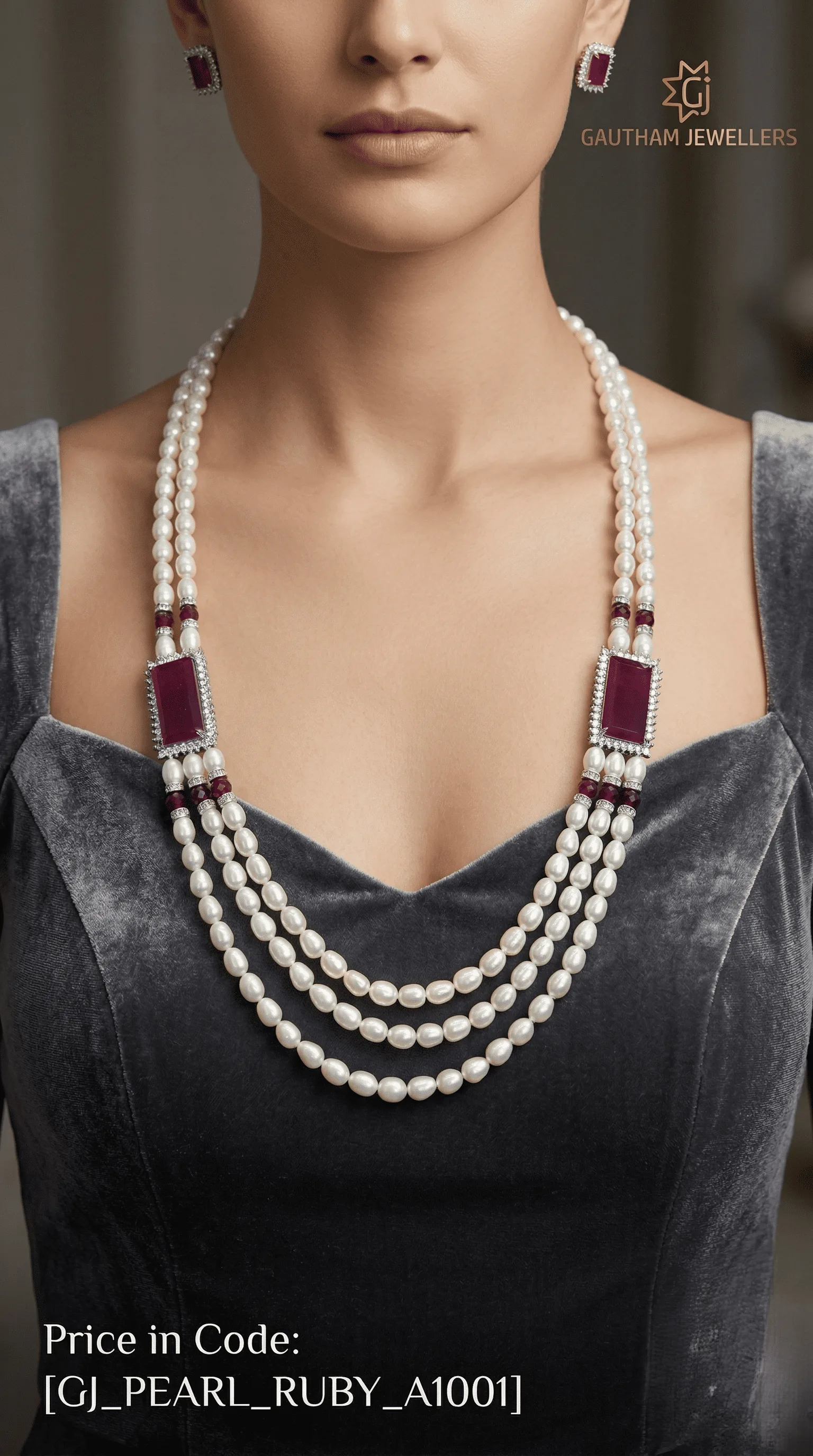 Luxury Multi-Layer Pearl Necklace with Ruby Accents & Statement Links