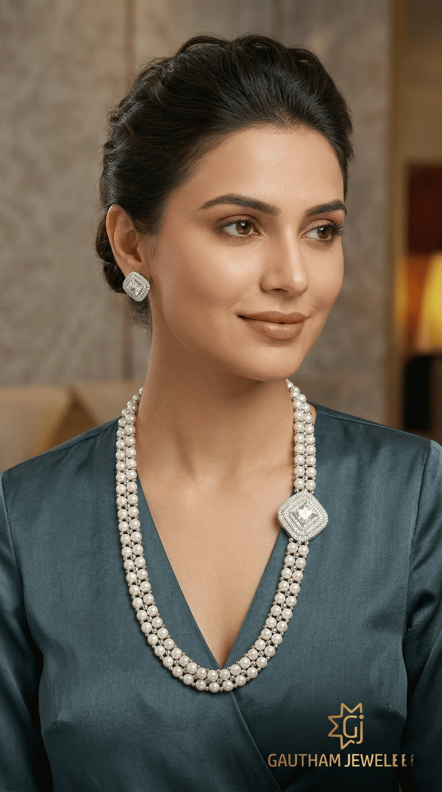 Elegant Triple Line Pearl Necklace Set with Statement Diamond Finish Clasp | Premium Party & Bridal Jewellery