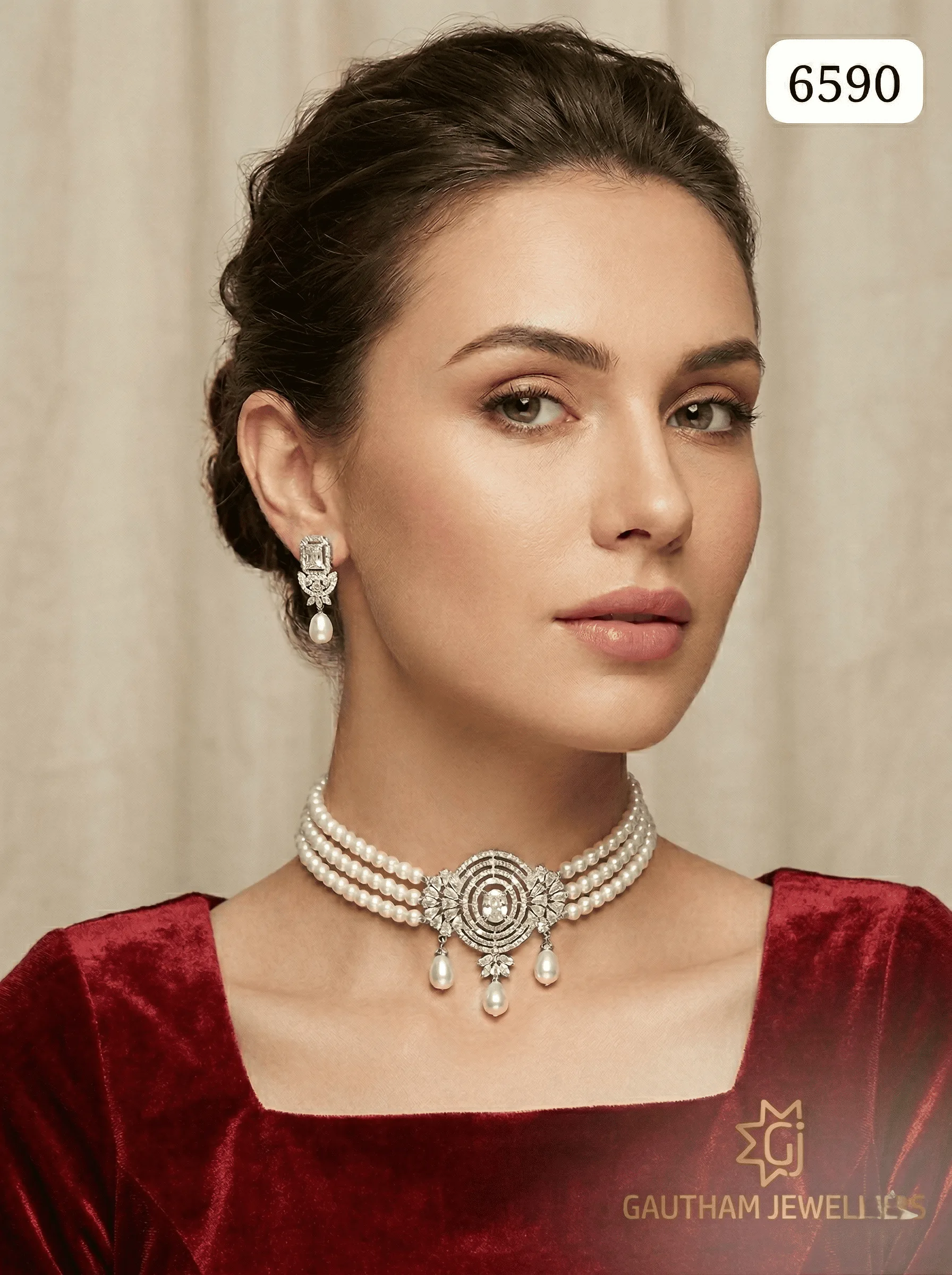 Luxury Pearl Choker Necklace Set with Statement Pendant & Drop Pearls | Bridal & Party Wear Jewellery thumbnail 1