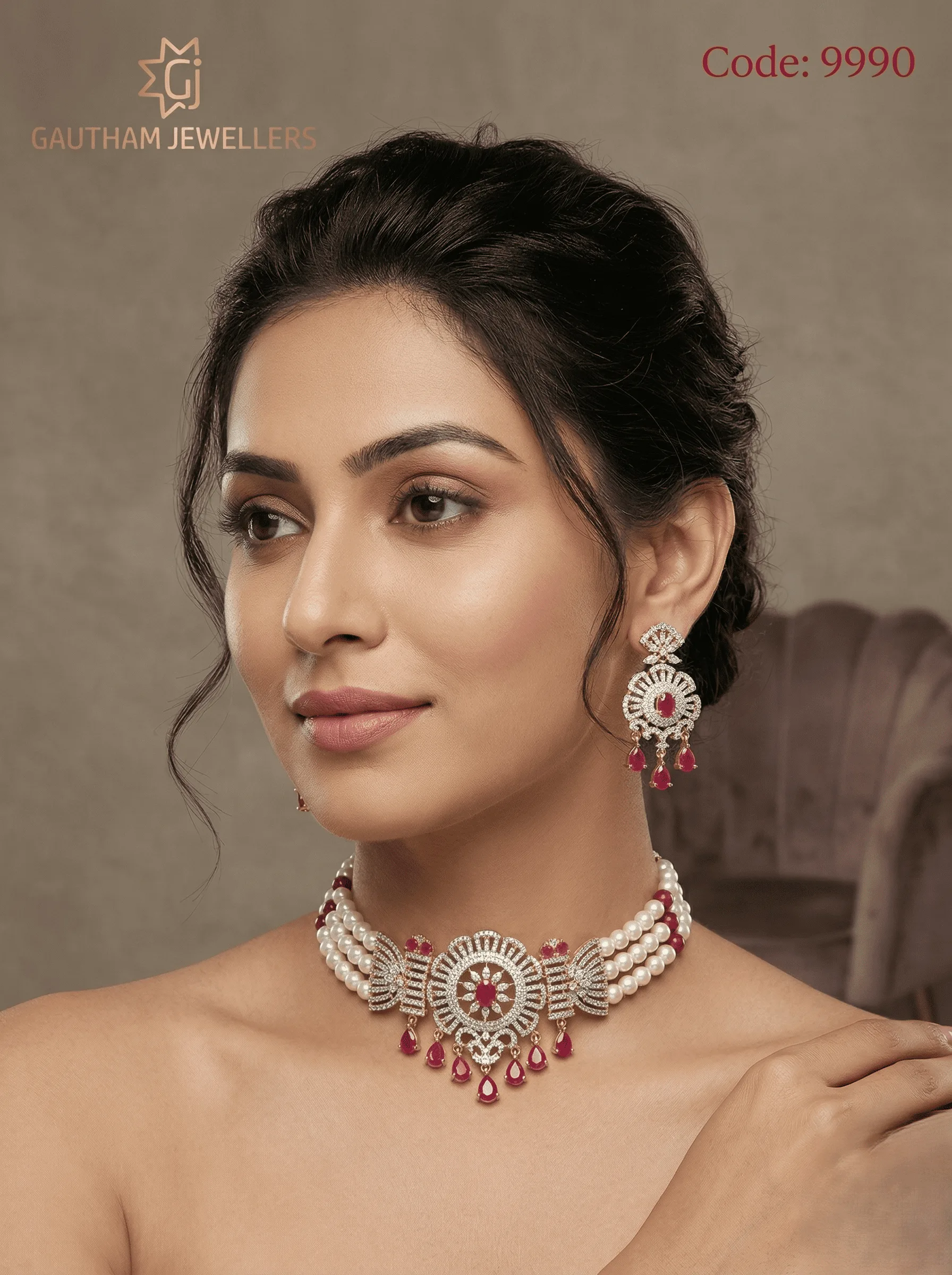 Bridal Pearl Choker Necklace Set with Ruby Stones & Statement Drops | Luxury Wedding Jewellery