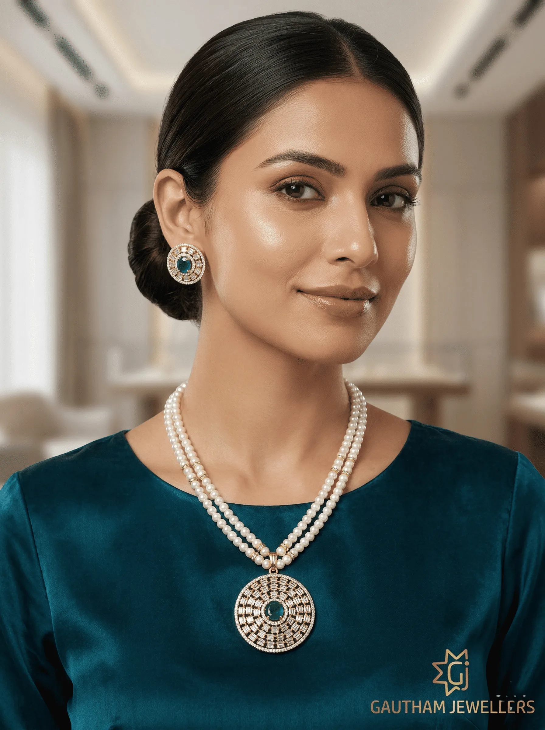 Elegant Double Layer Pearl Necklace Set with Green Stone Designer Pendant | Party & Festive Jewellery