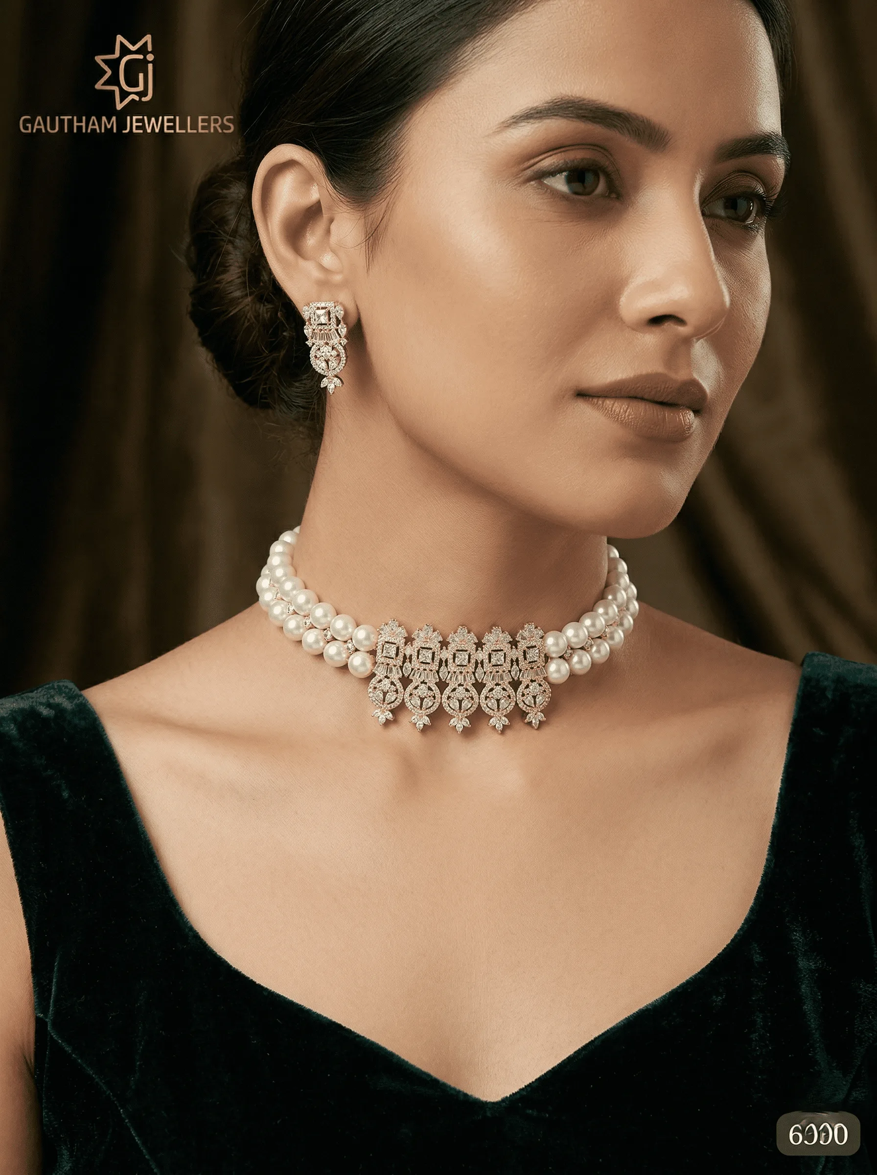 Elegant Pearl Choker Necklace Set with Diamond Finish Drops | Minimal Bridal & Party Jewellery