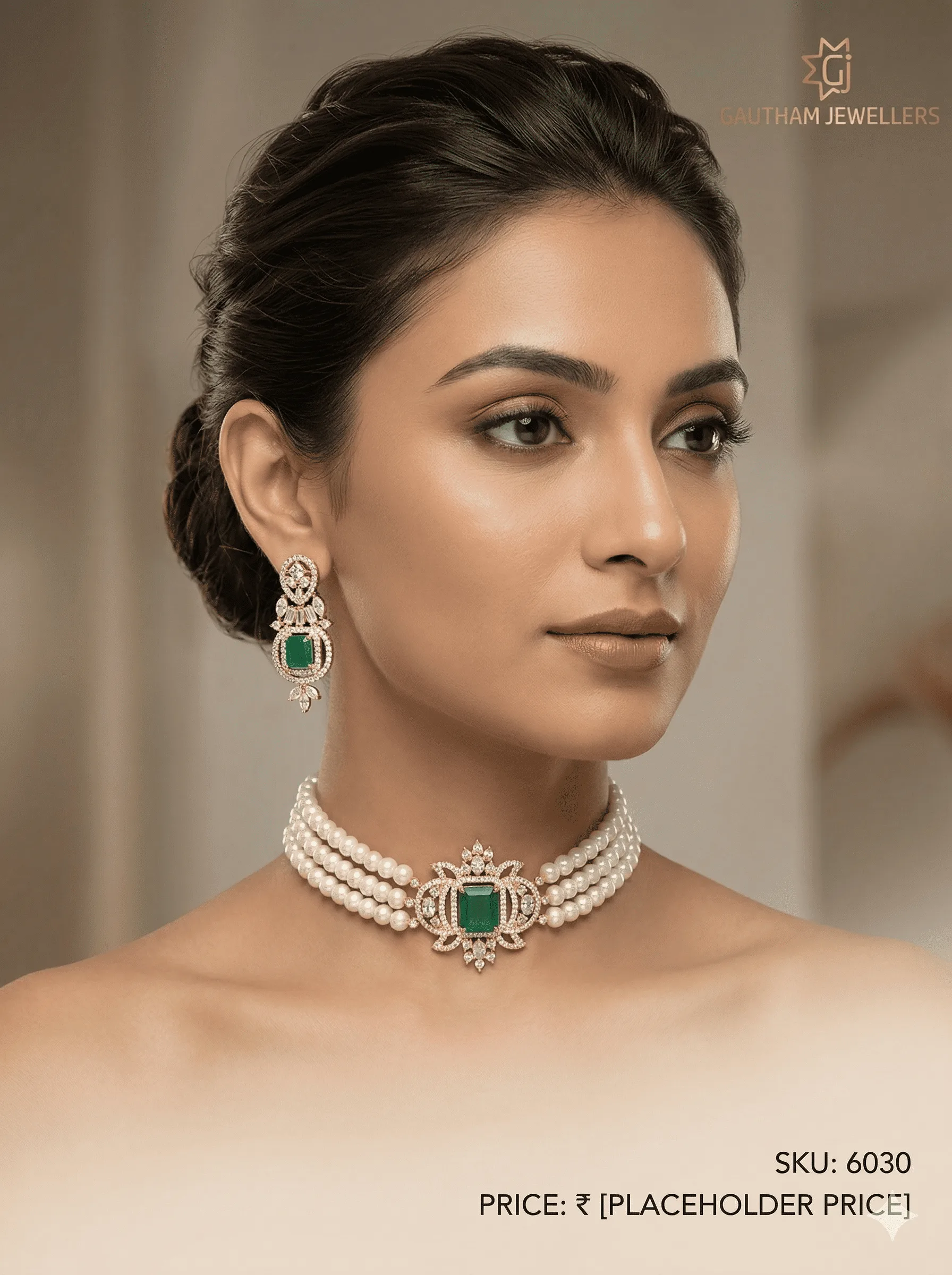Luxury Pearl Choker Necklace Set with Green Stone Centerpiece & Designer Earrings | Bridal & Festive Jewellery thumbnail 1