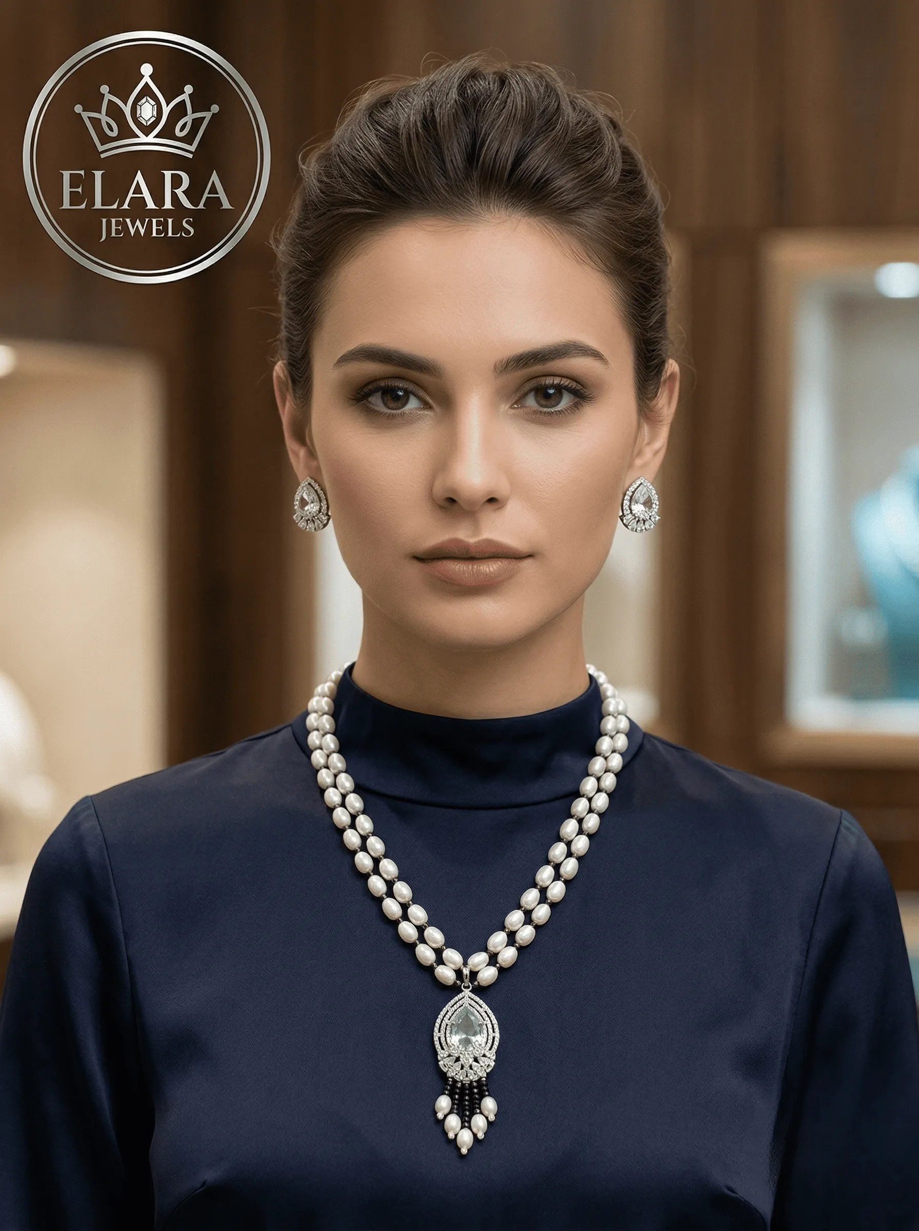 Elegant Double Layer Pearl Necklace Set with Designer Drop Pendant | Luxury Party & Festive Jewellery