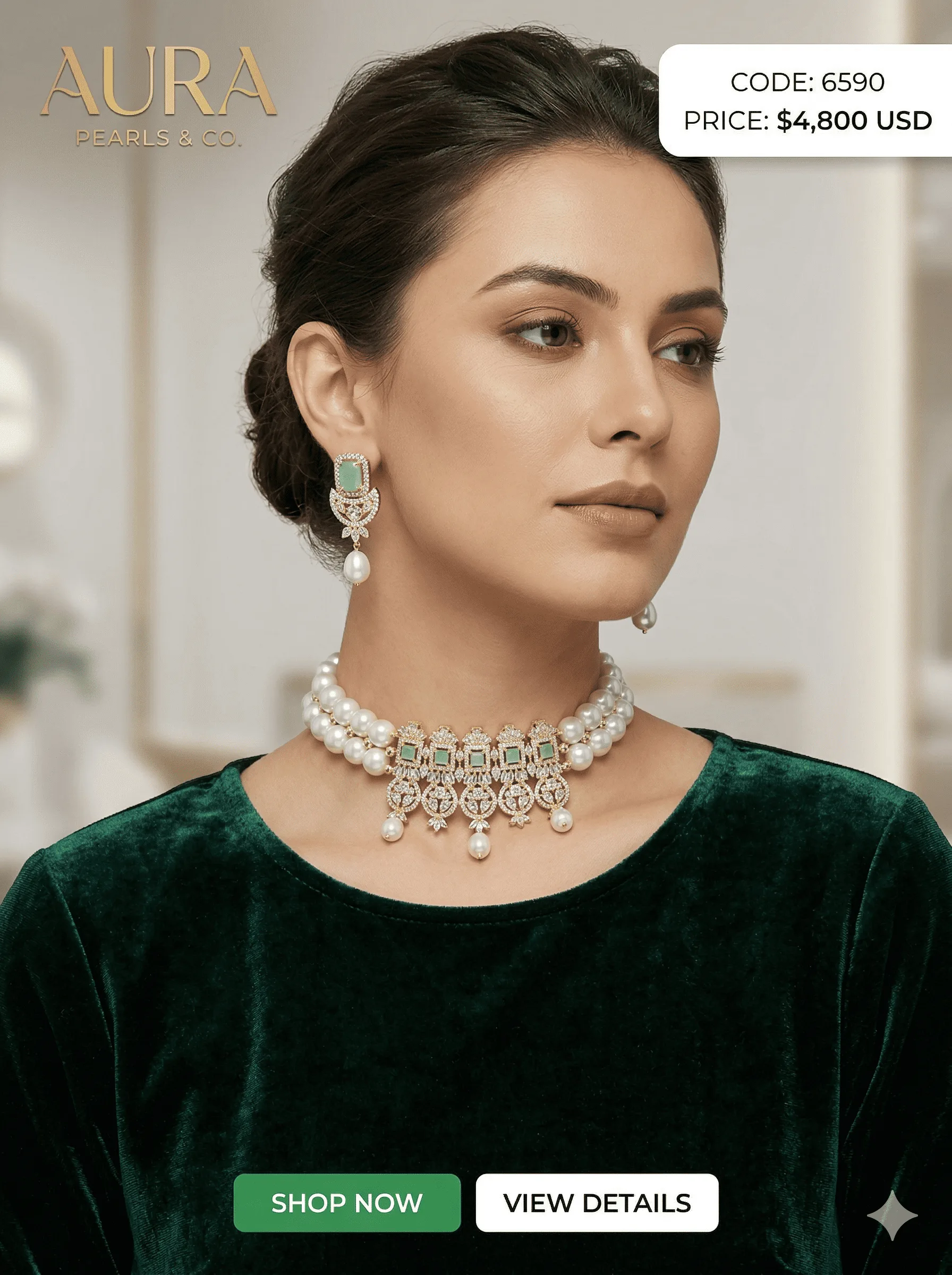 Luxury Pearl Choker Necklace Set with Emerald Stones & Diamond Finish for Women