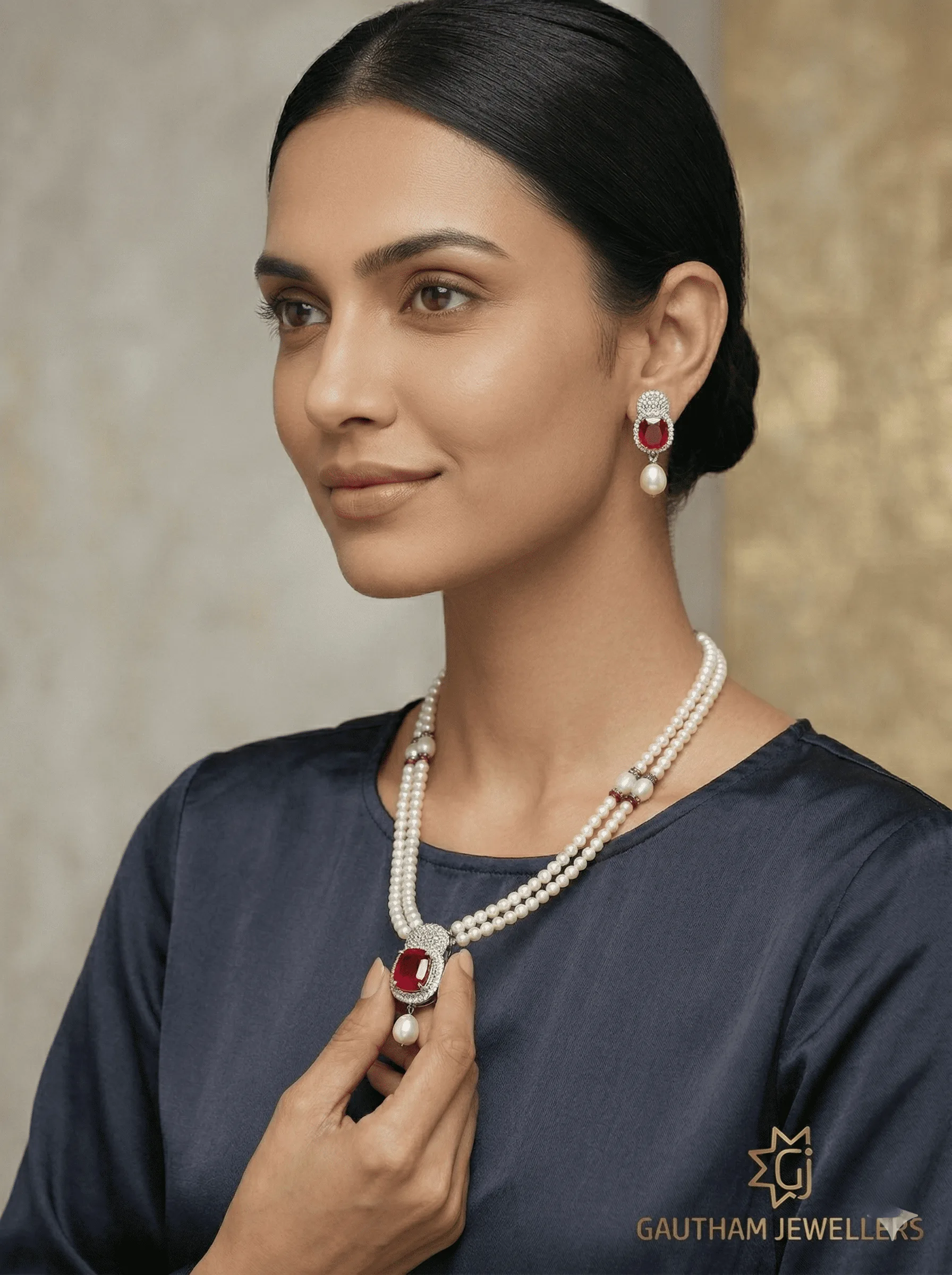 Elegant Double Layer Pearl Necklace Set with Ruby Stone Pendant & Matching Earrings | Party & Festive Jewellery