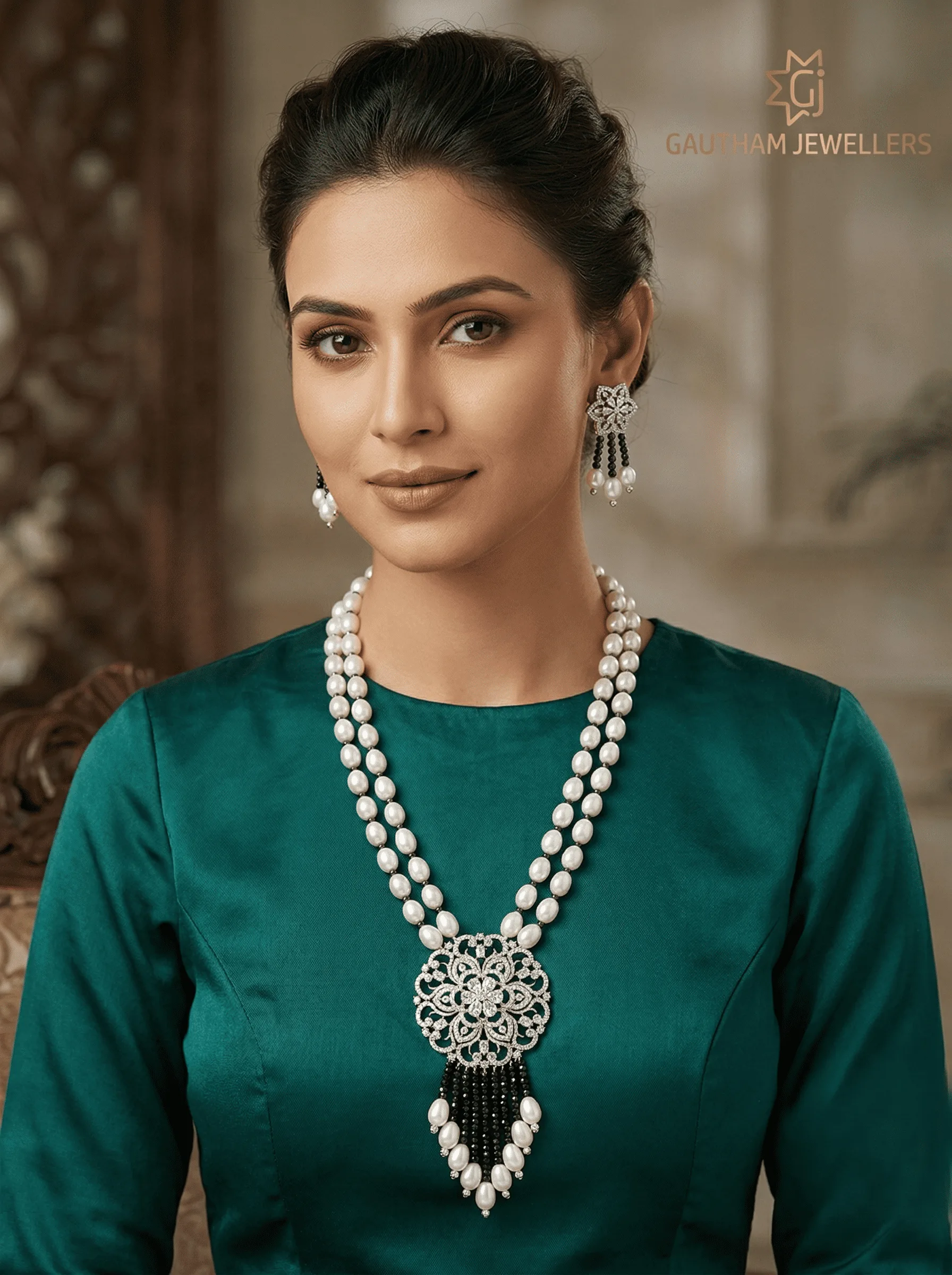 Luxury Double Layer Pearl Necklace Set with Statement Floral Pendant & Black Bead Tassels | Bridal & Party Jewellery