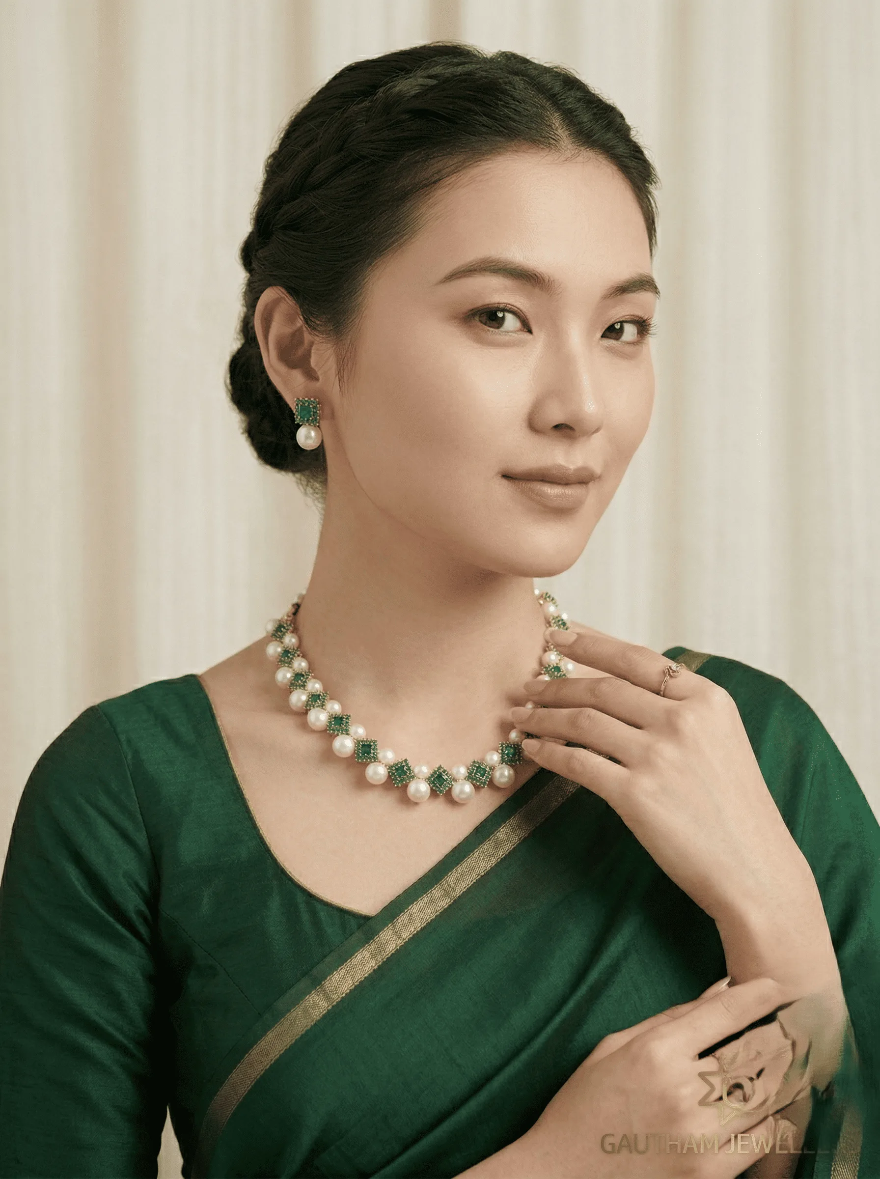 Elegant Pearl Necklace Set with Green Stone Detailing | Minimal Bridal & Festive Jewellery