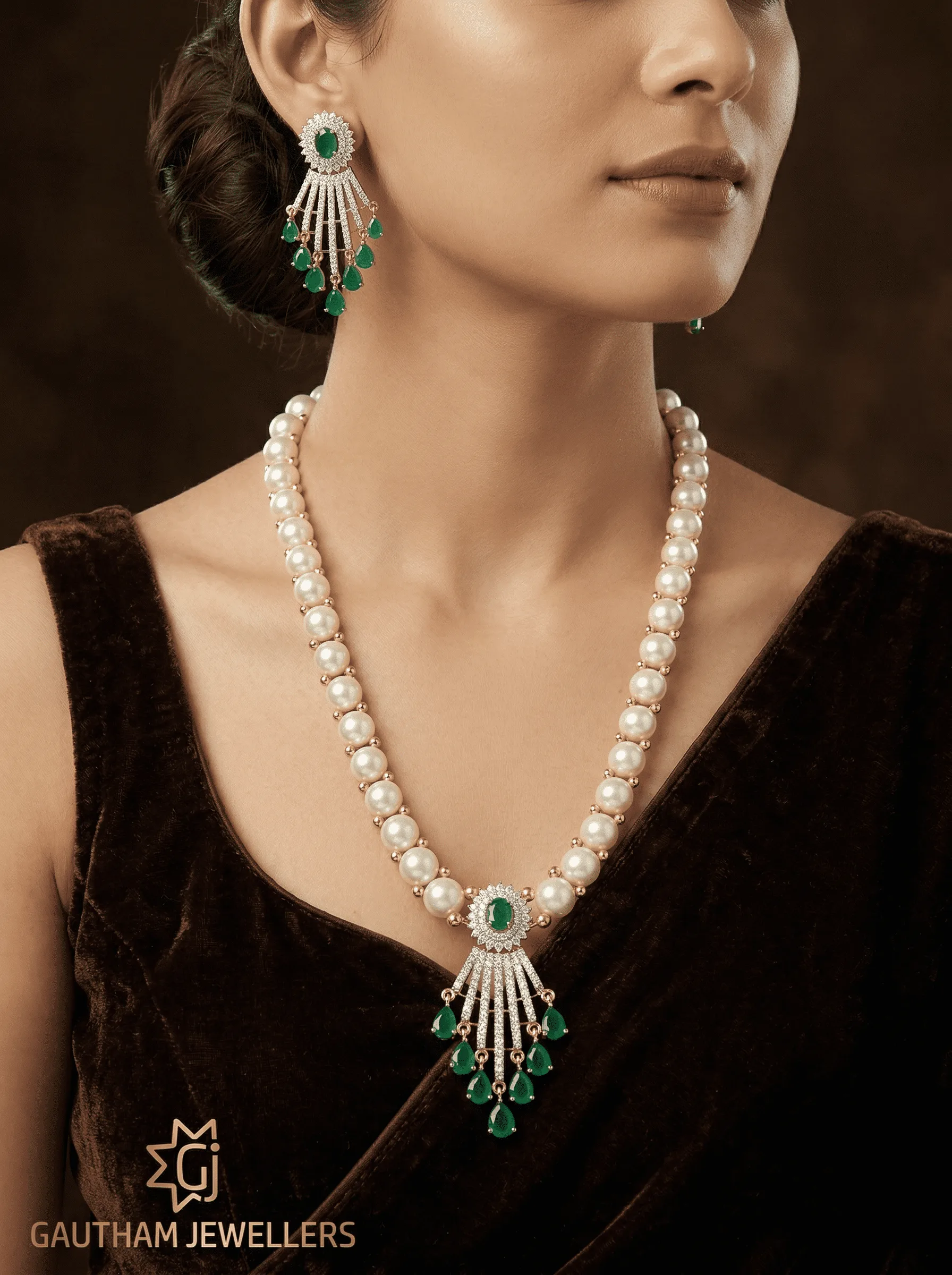 Luxury Pearl Necklace Set with Green Stone Pendant & Drop Design | Party & Bridal Jewellery
