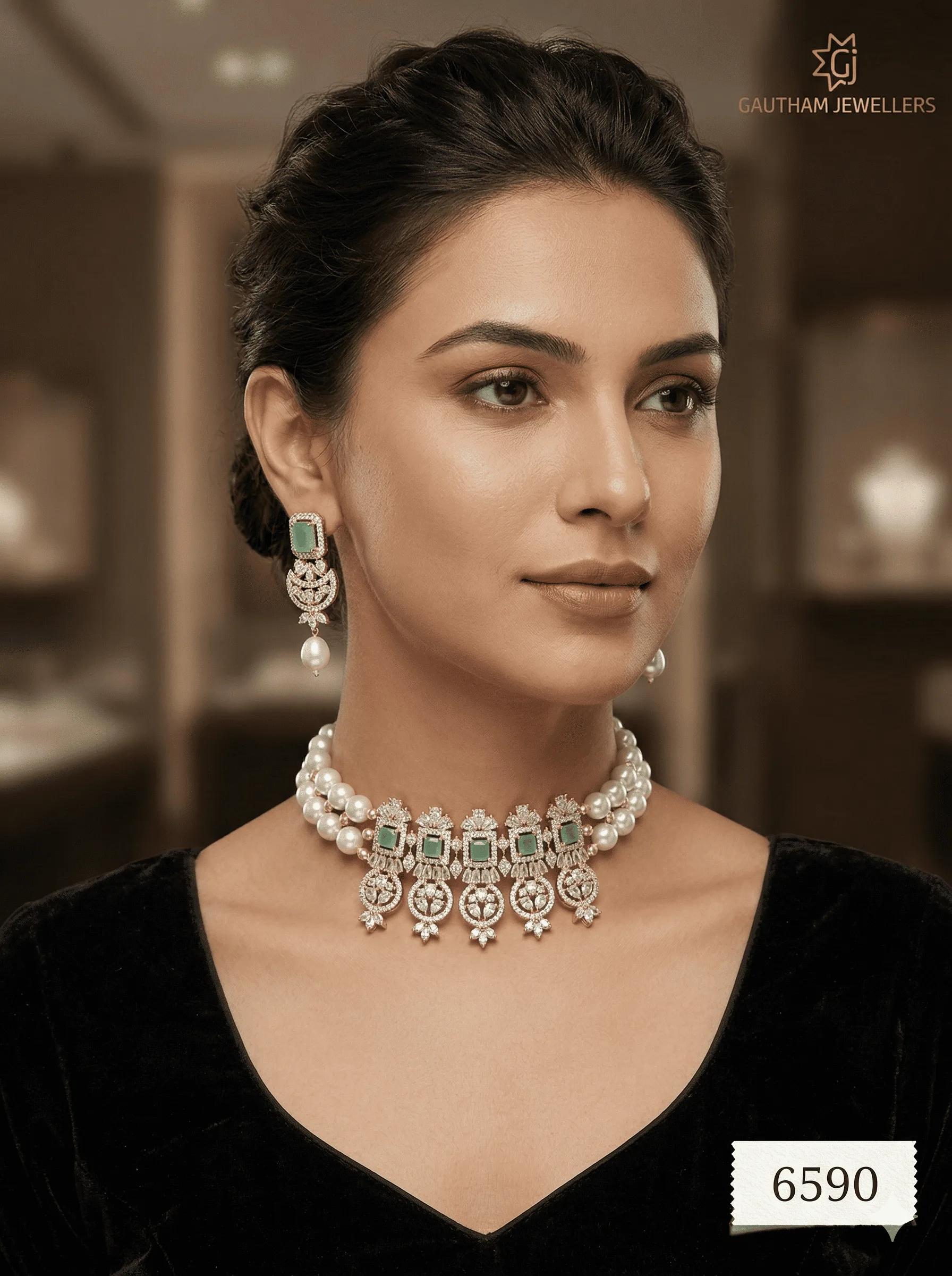 Luxury Pearl Choker Necklace Set with Green Stone Drops & Diamond Finish Detailing | Bridal & Party Jewellery