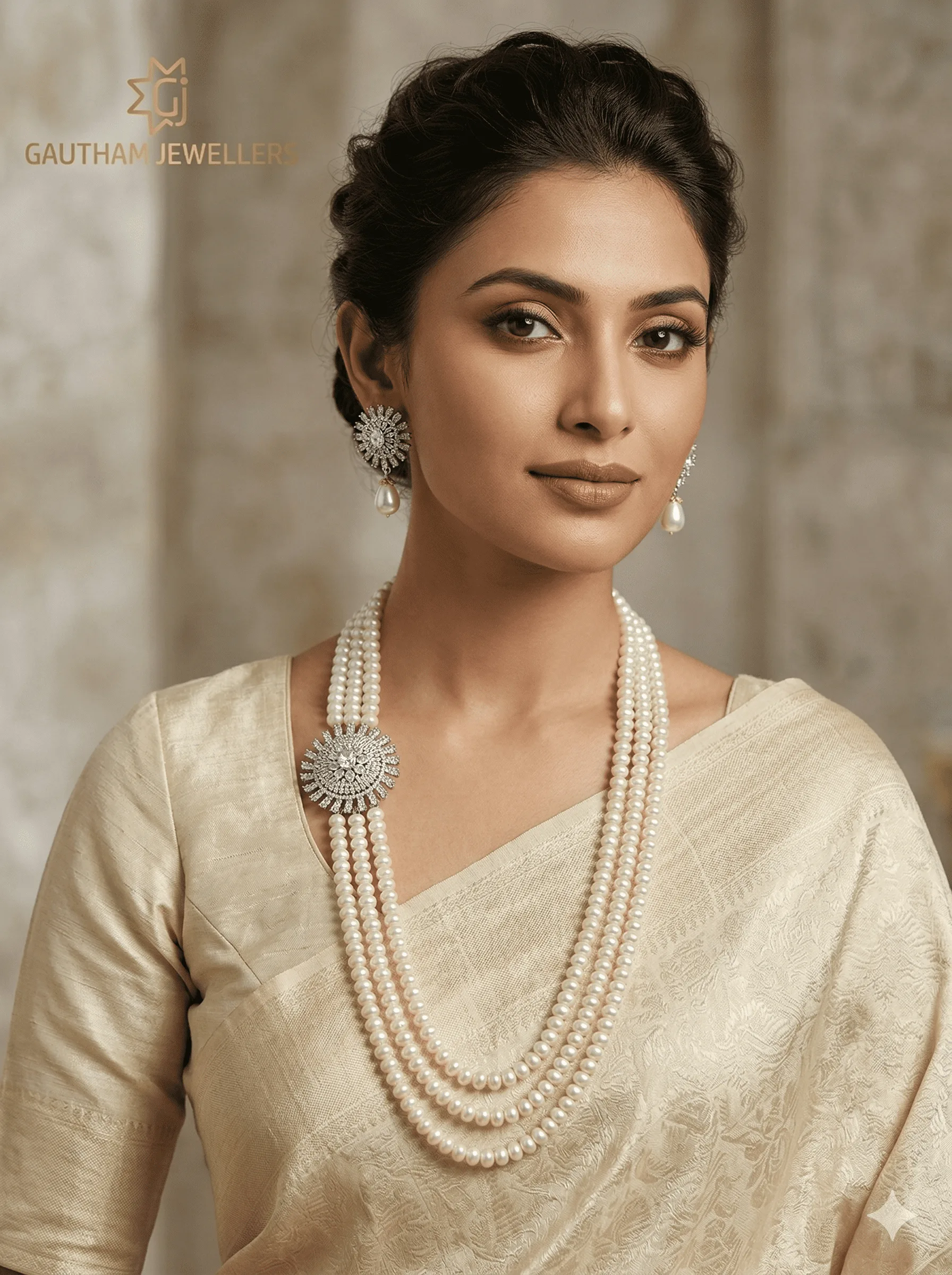 Classic Multi Layer Pearl Necklace Set with Statement Brooch & Earrings for Women