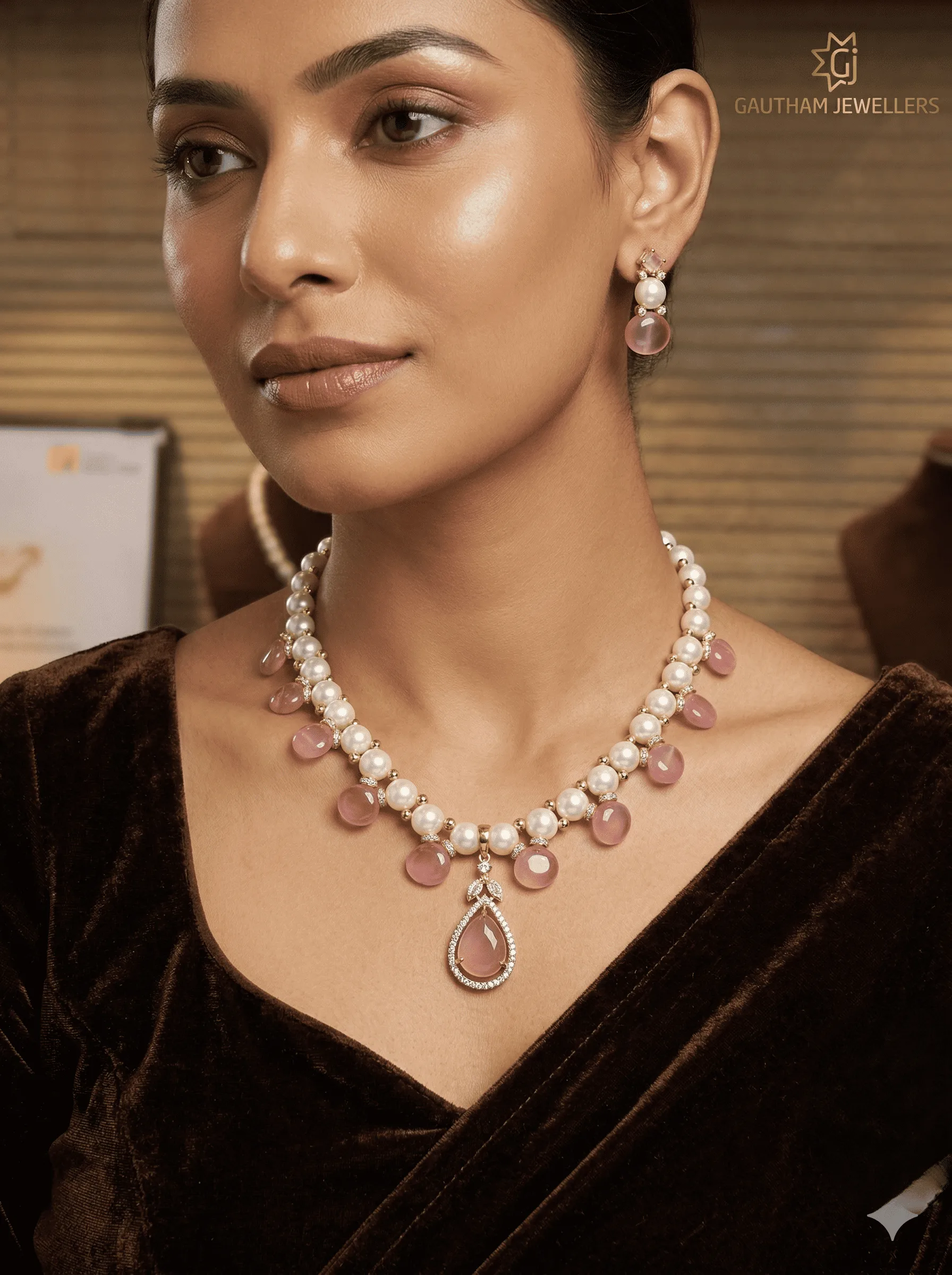 Elegant Pearl & Rose Quartz Drop Necklace Set with Pendant