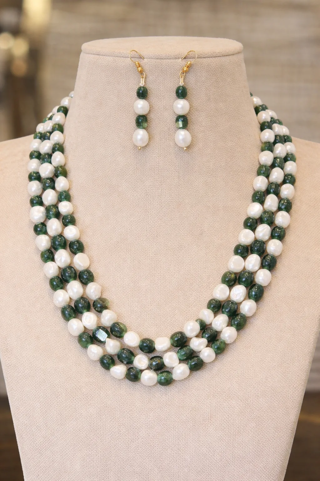 Elegant Green Beads & Pearl Multi Strand Necklace Set for Women