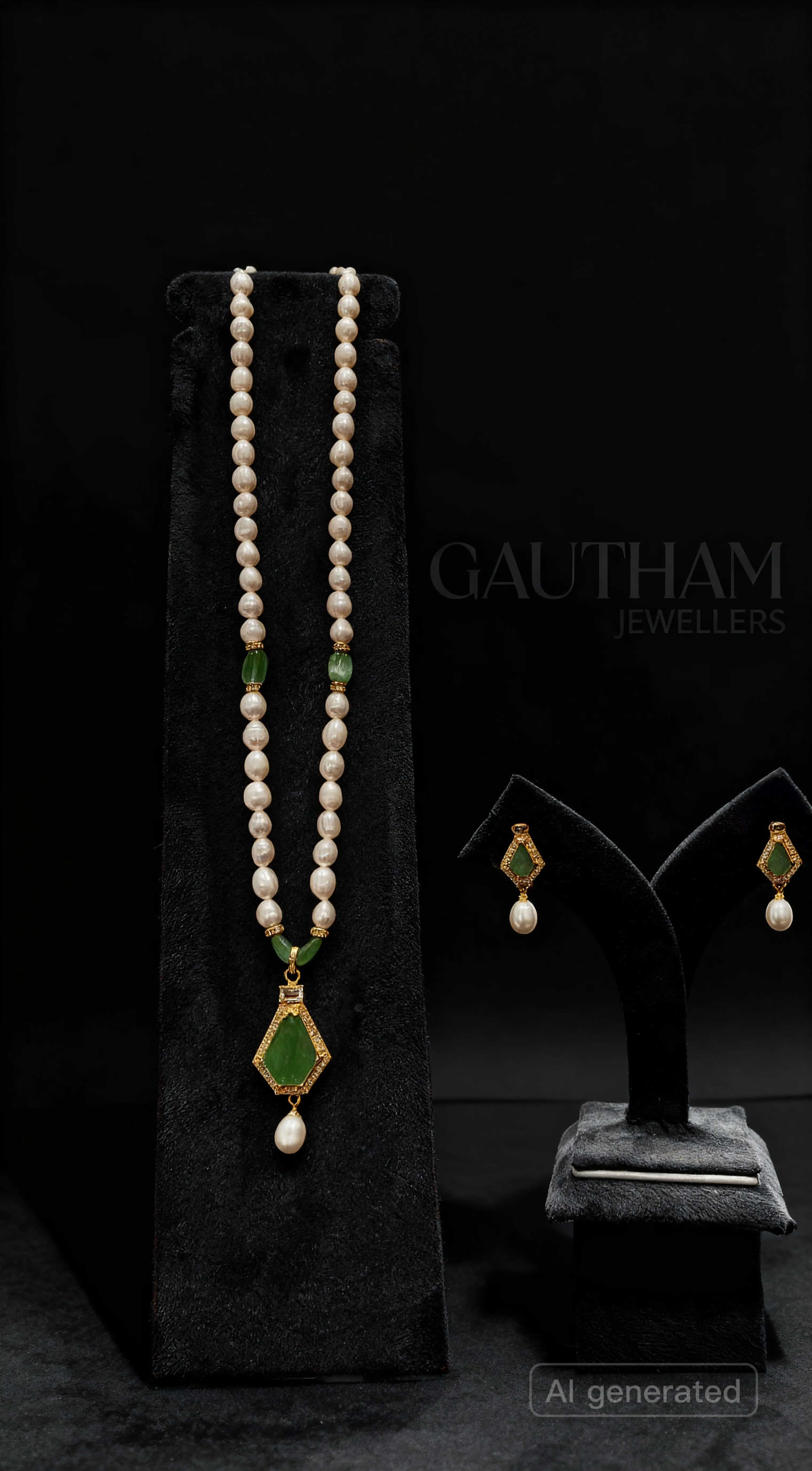 pearl necklace with green stone