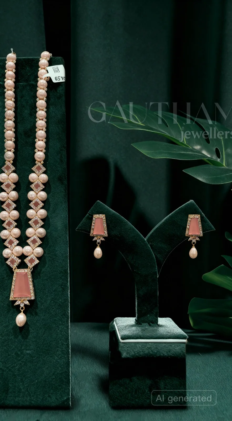 pearl necklace with pink pendent