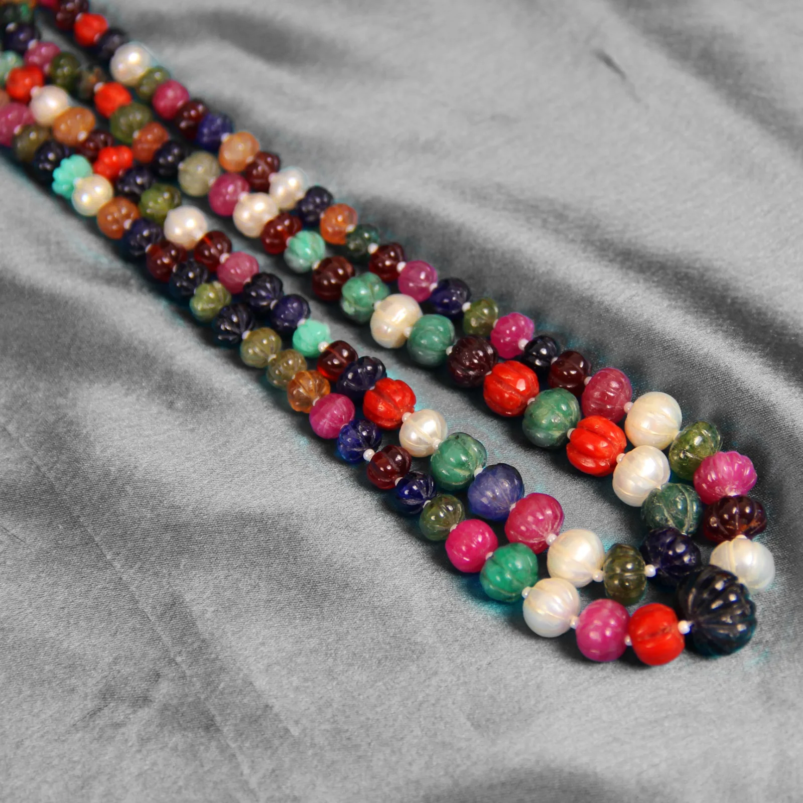 Multi Sapphire Necklace – Carved Multi-Color Sapphire Beads Mala for Women