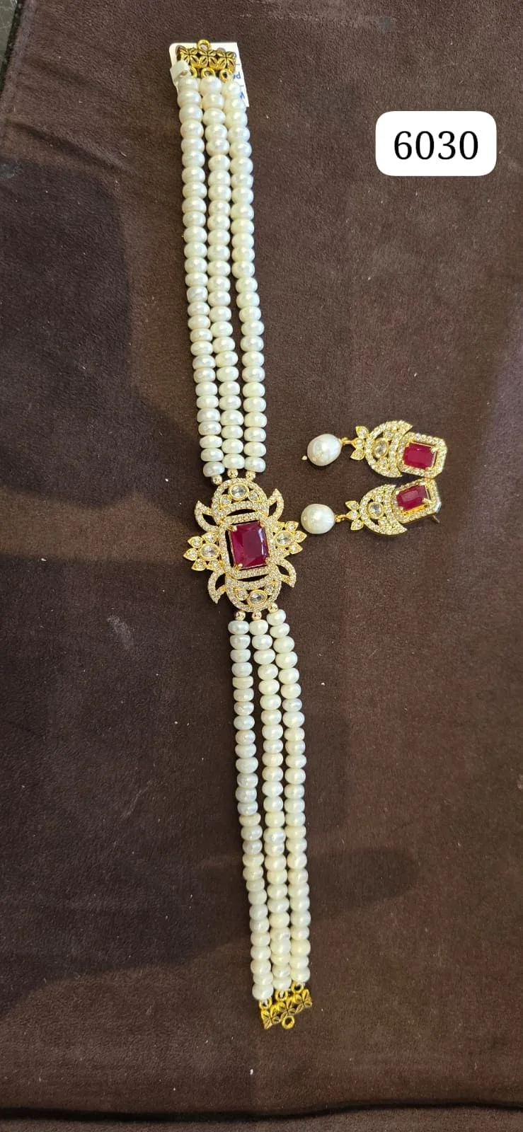 Designer Multi-Layer Pearl Necklace Set with Ruby Stone Pendant & Earrings thumbnail 1