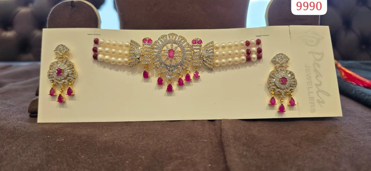 Bridal Pearl Choker Necklace Set with Ruby Stones & Statement Drops | Luxury Wedding Jewellery thumbnail 1