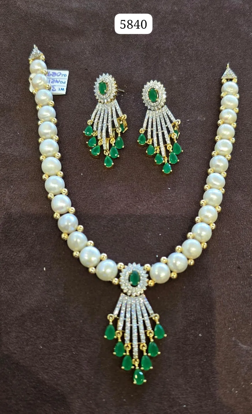 Elegant Pearl Necklace Set with Emerald Drop Pendant & Statement Earrings