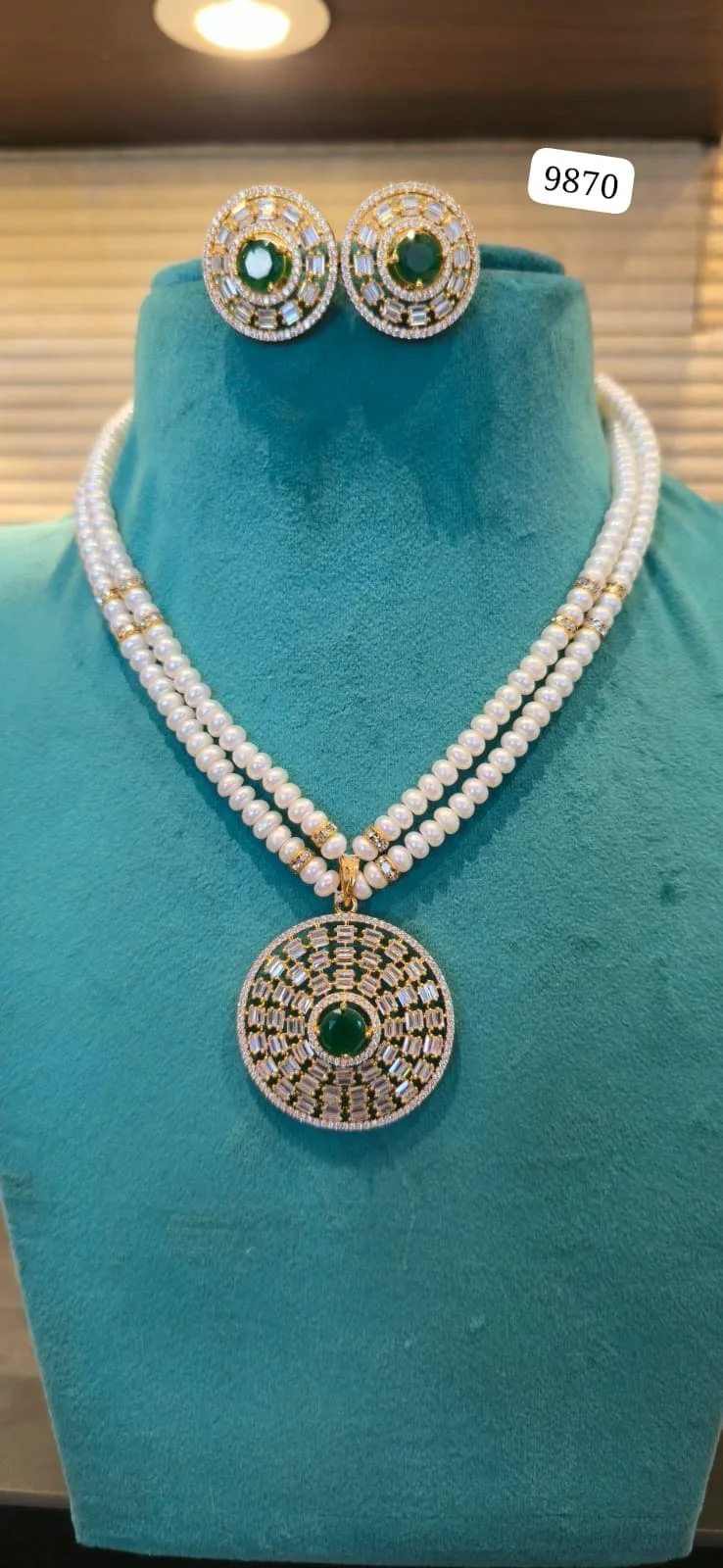 Elegant Double Layer Pearl Necklace Set with Green Stone Designer Pendant | Party & Festive Jewellery thumbnail 1