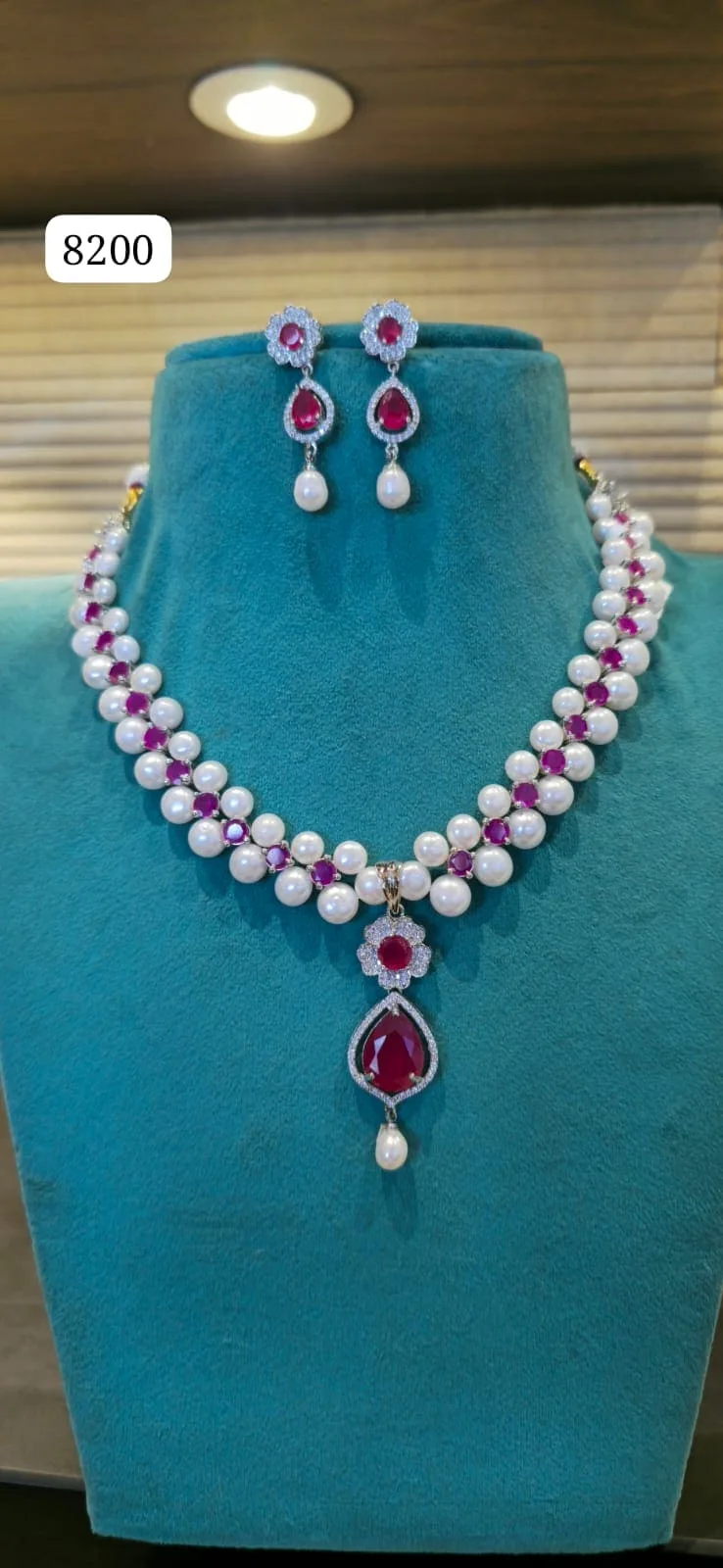 Elegant Pearl Necklace with Pink Pendant & Matching Earrings Set for Women thumbnail 1