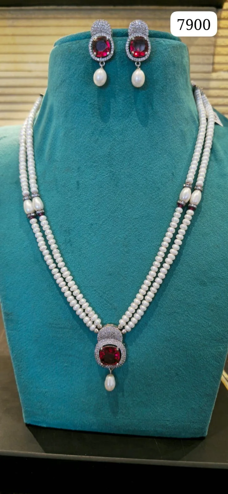 Elegant Double Layer Pearl Necklace Set with Ruby Stone Pendant & Matching Earrings | Party & Festive Jewellery thumbnail 1