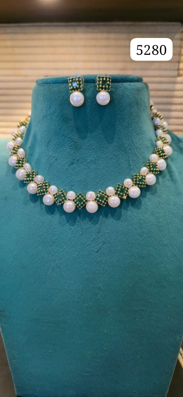 Elegant Pearl Necklace Set with Green Stone Detailing | Minimal Bridal & Festive Jewellery