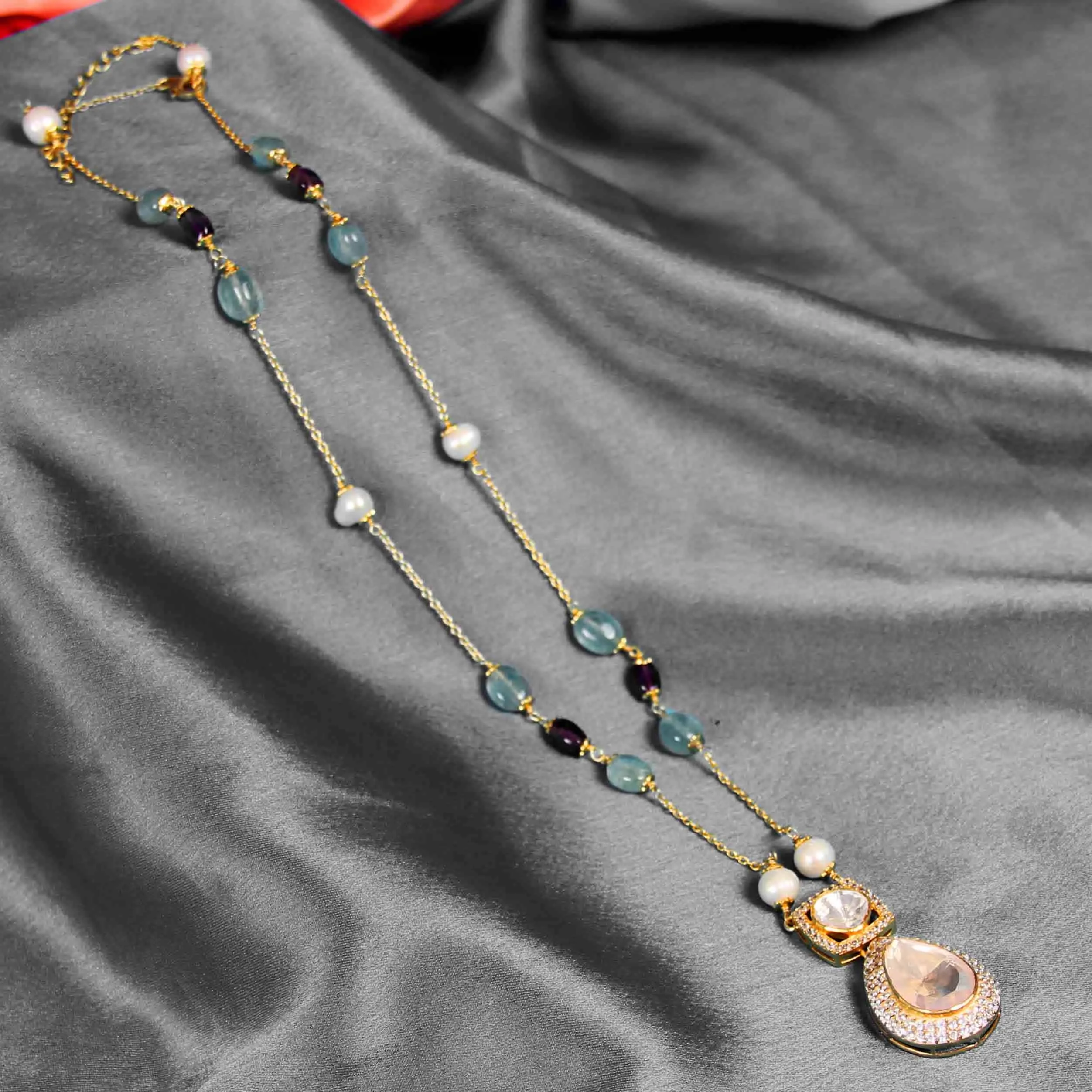 Moissanite Teardrop Pendant Necklace with Pearl & Green Bead Chain | Luxury Gold Jewellery