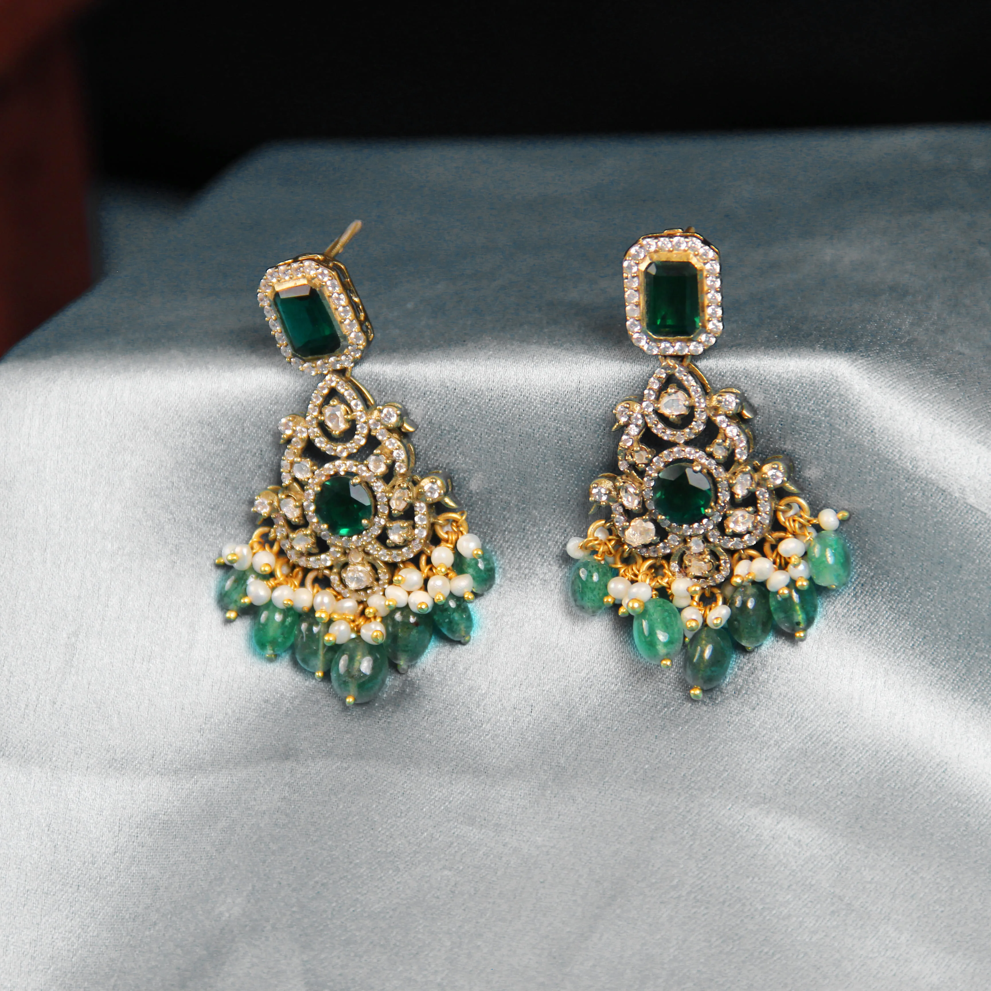 green stone Glow Moissanite Dangle Earrings in 925 Silver