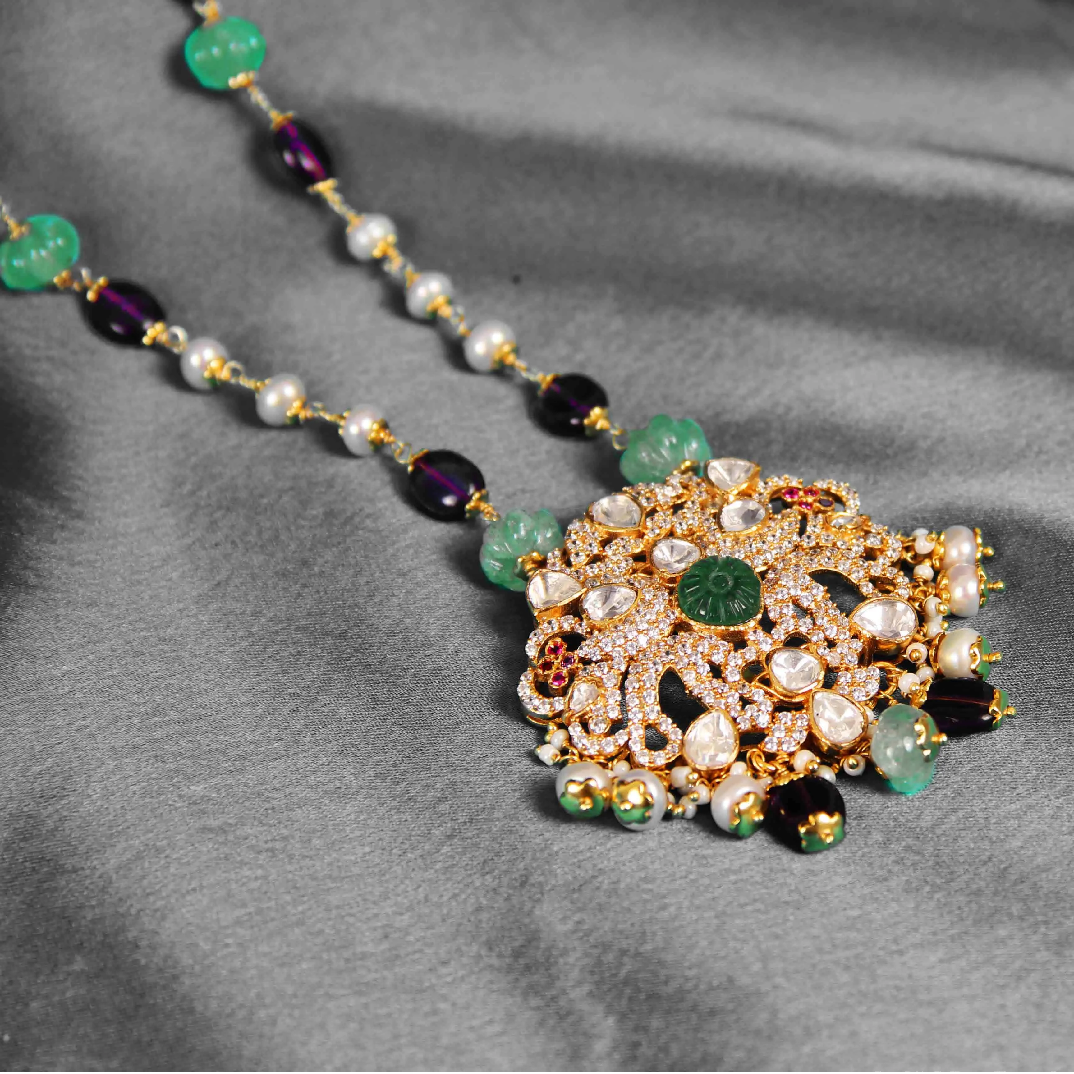 Royal Moissanite Pendant Necklace with Green Beads & Pearl Chain | Luxury Ethnic Jewellery