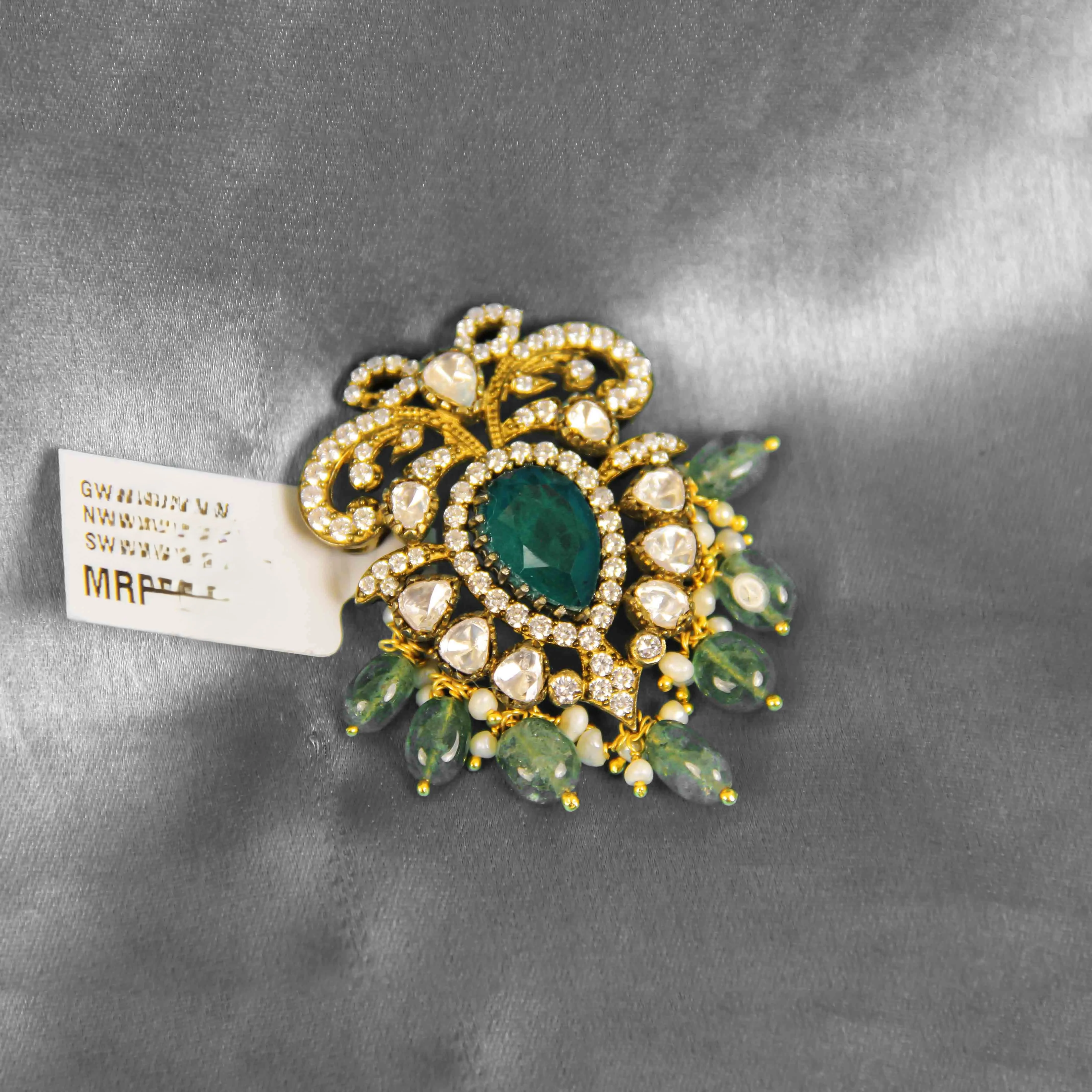 Moissanite Jewellery Green Stone Pendant with Bead Drops – Gold Finish Ethnic Jewelry