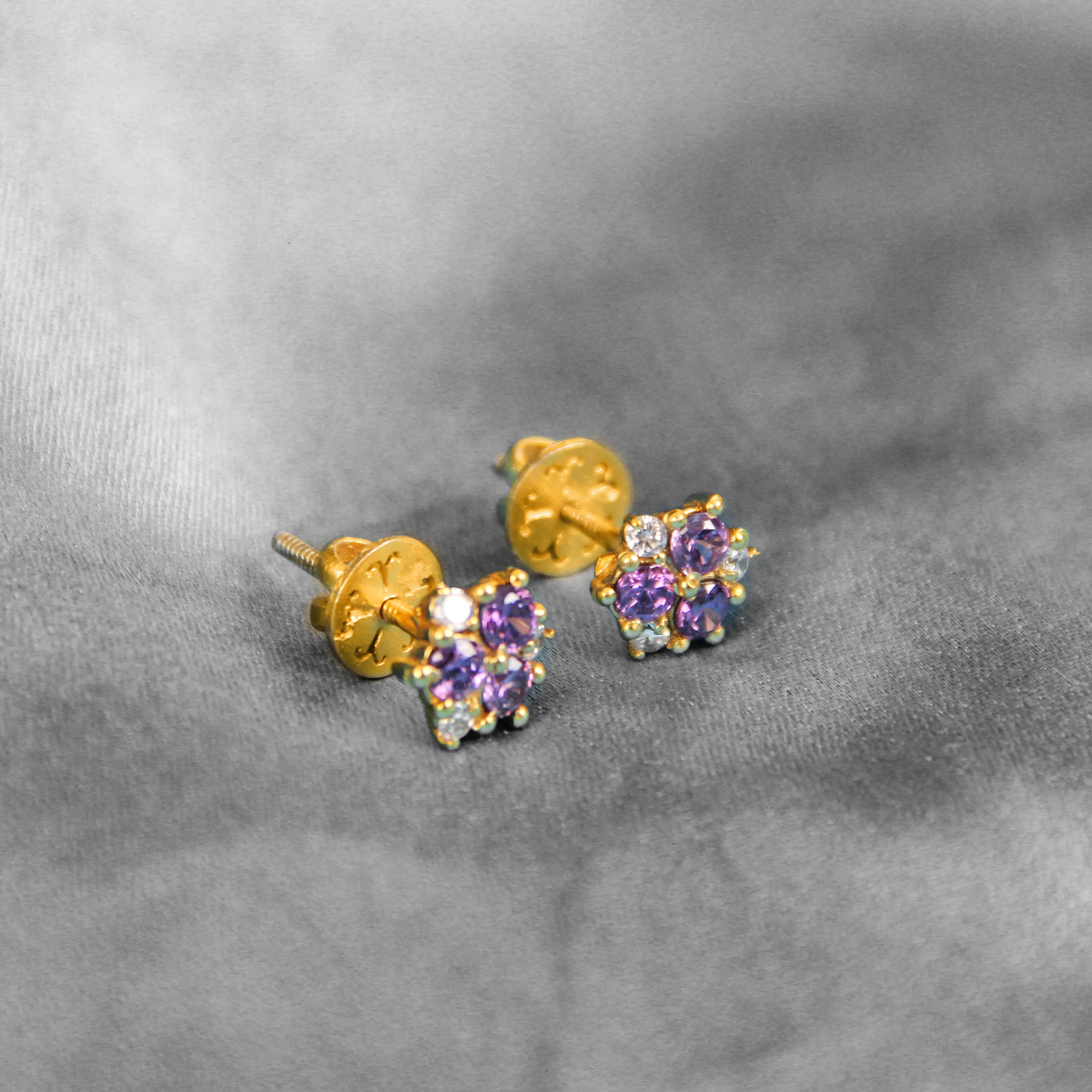 Moissanite Floral Stud Earrings with Purple Stones – Diamond Look Gold Finish Jewelry