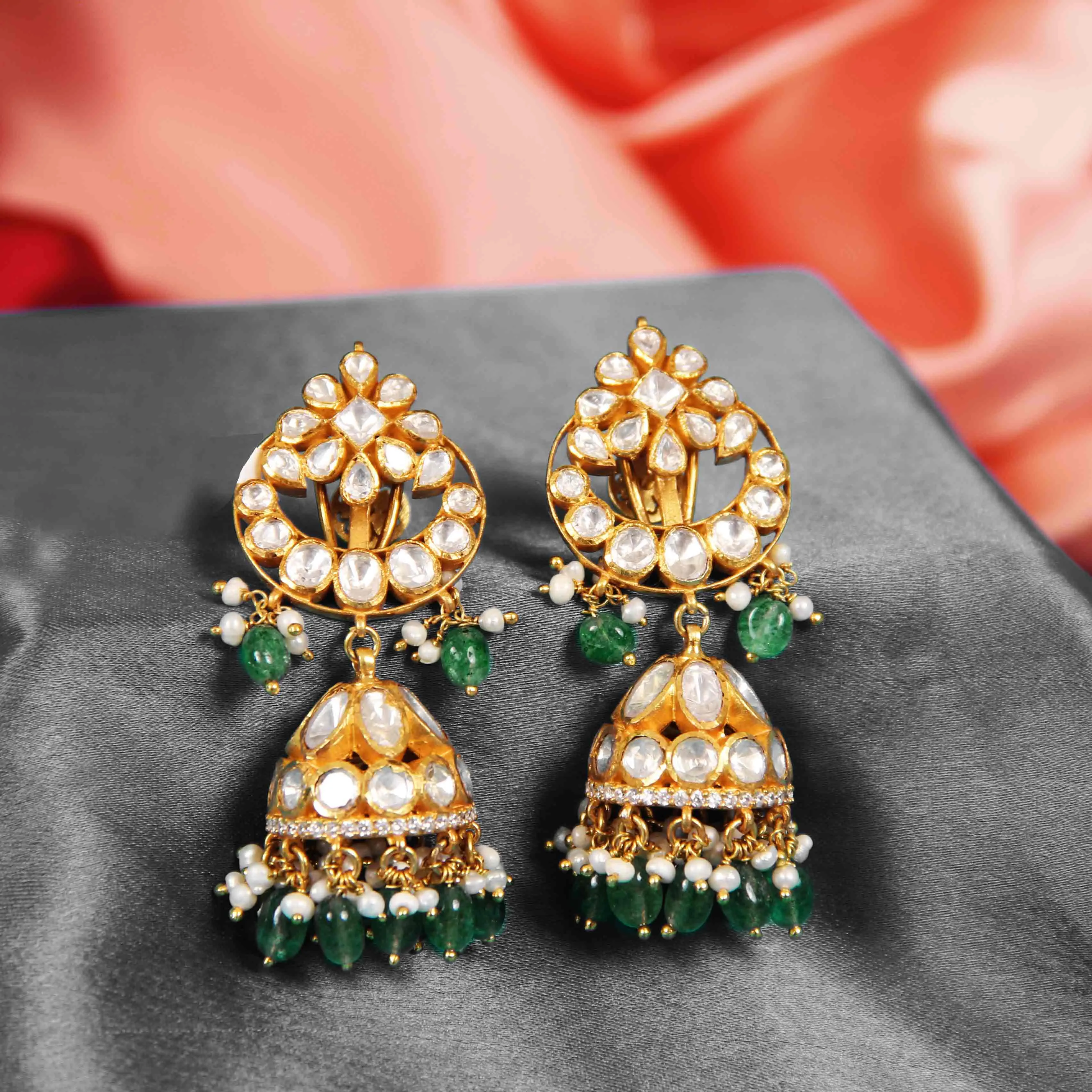 Moissanite Jhumka Earrings with Green Beads in Gold Finish | Luxury Ethnic Earrings