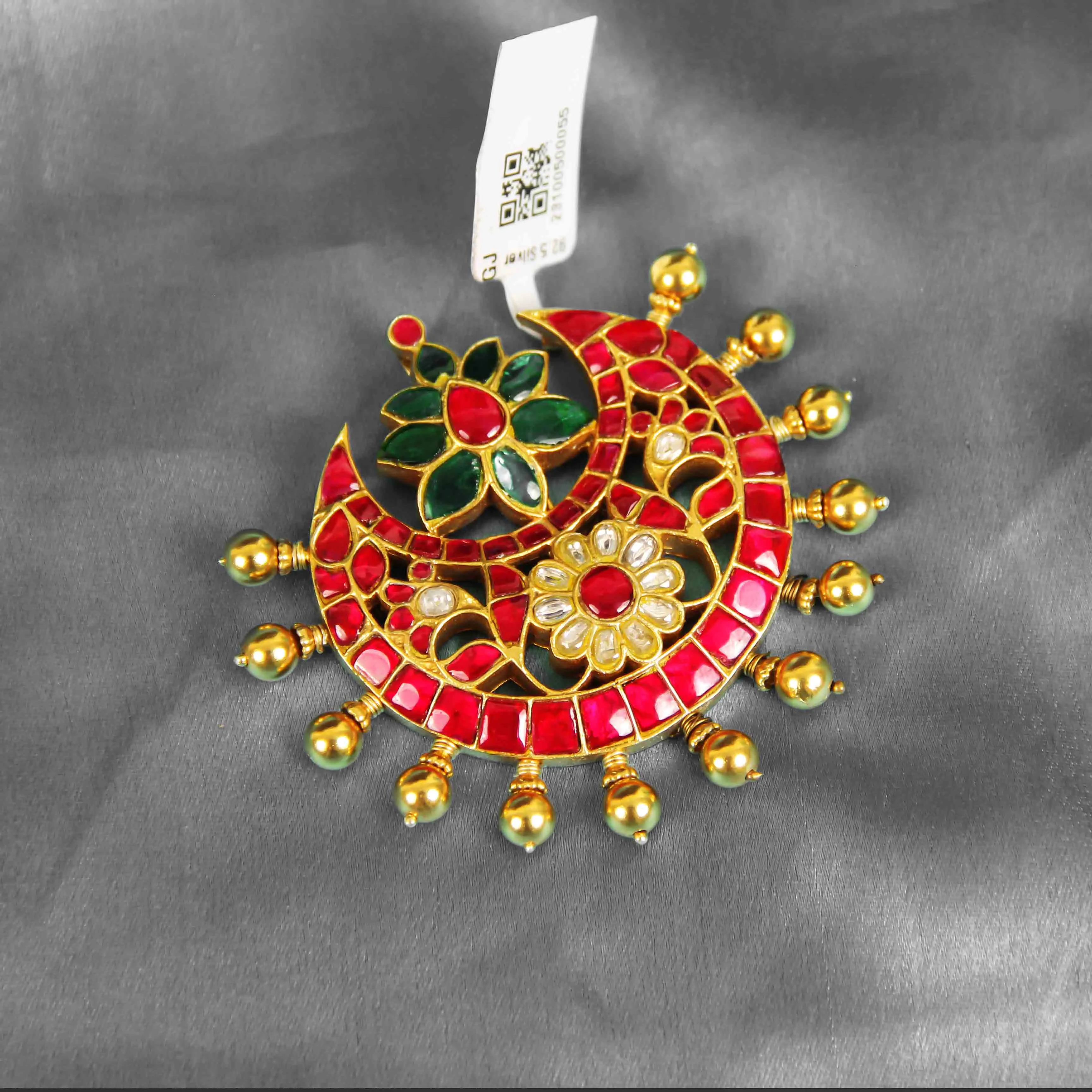 Traditional Kundan Chand Pendant with Red & Green Stones – Gold Bead Ethnic Jewelry