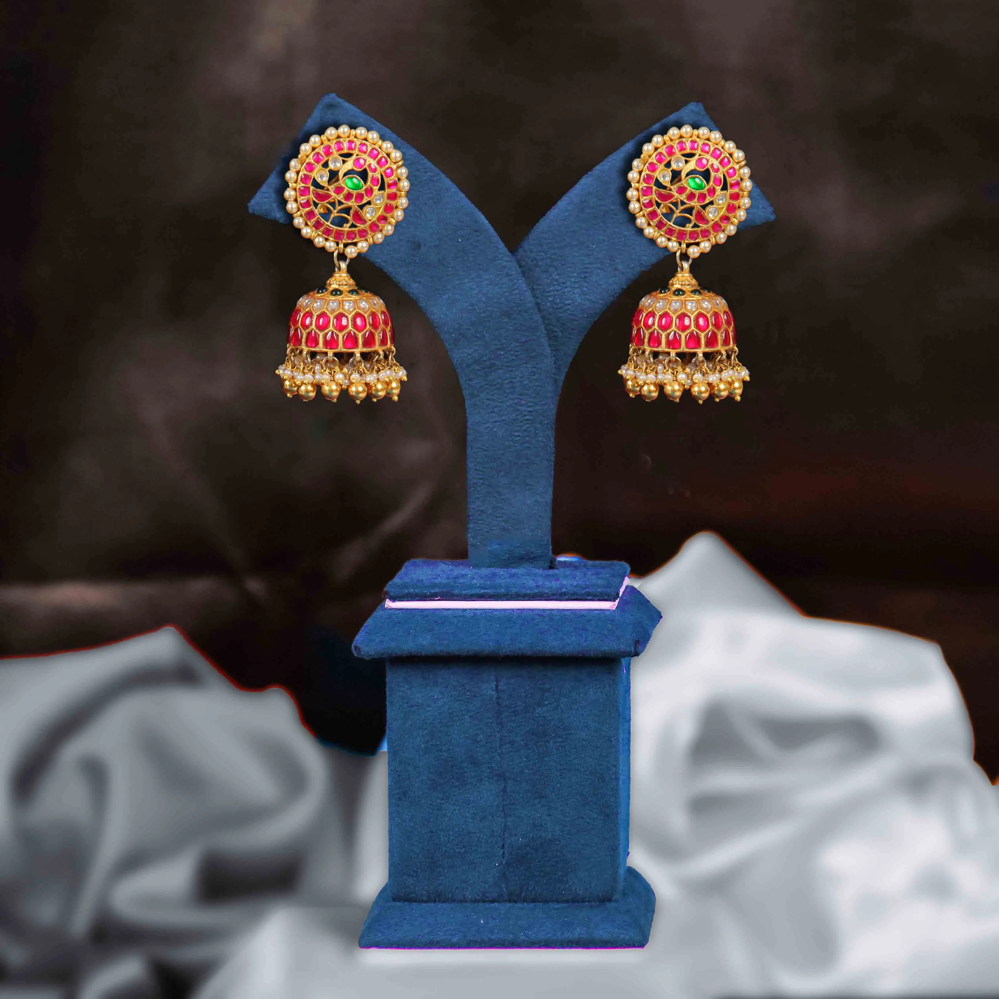 Traditional Kundan Jhumka Earrings with Red & Green Stones