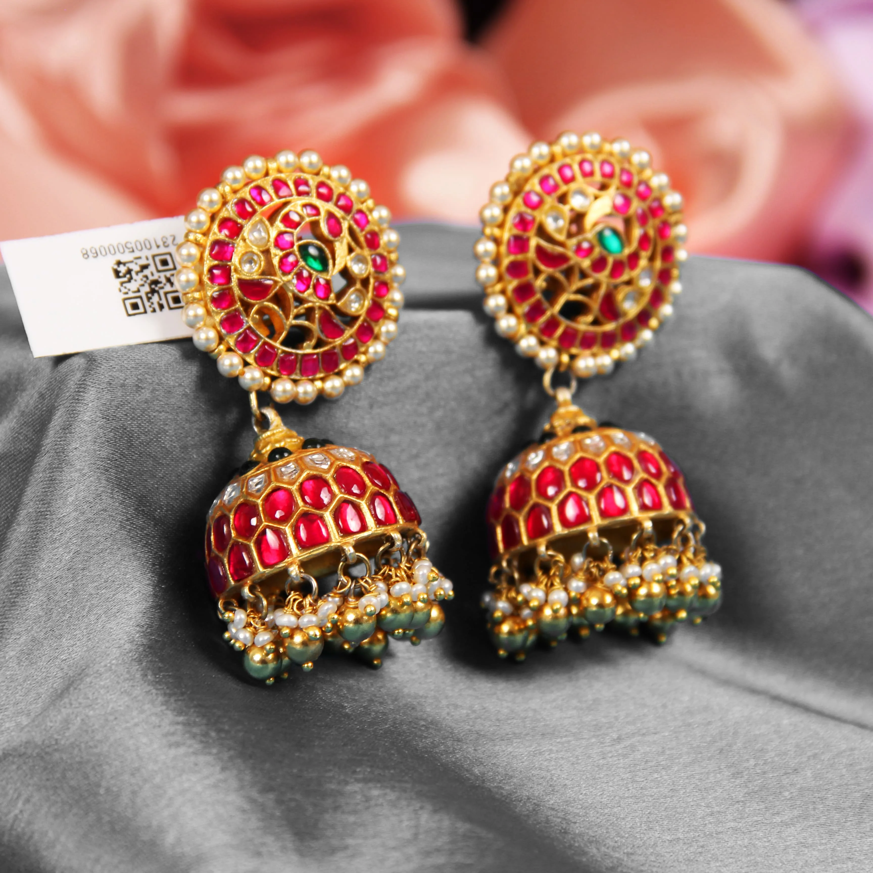 Traditional Red Kundan Jhumka Earrings with Pearl Drops | Gold Ethnic Jewellery