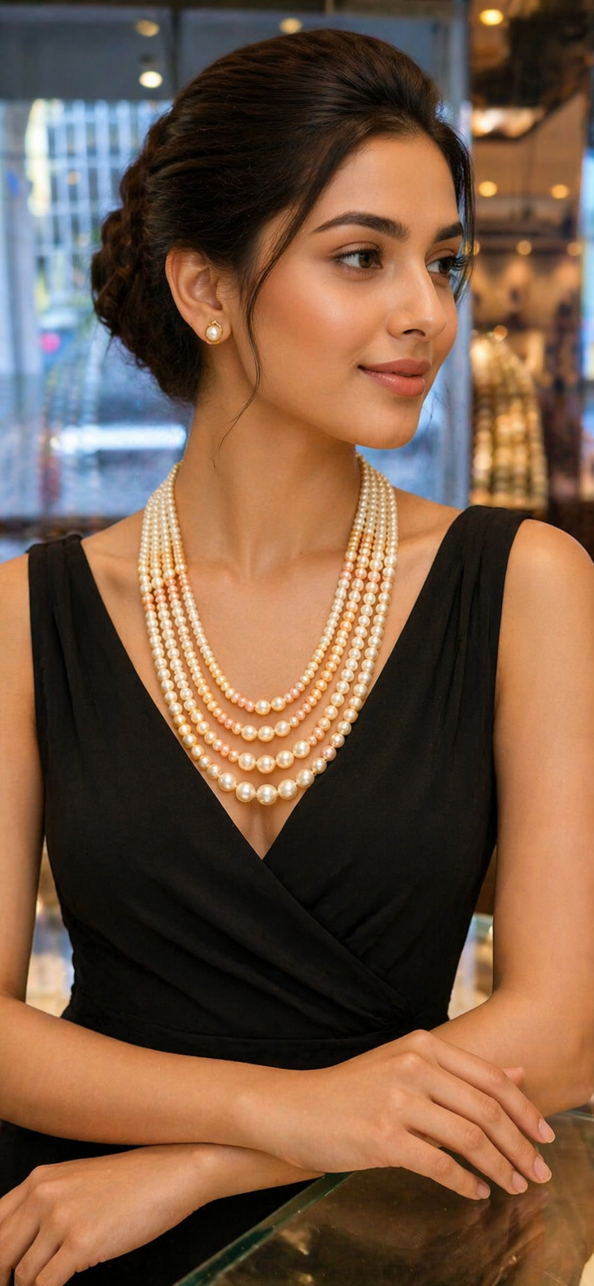 Luxury Multi-Strand Freshwater Pearl Necklace – Cream & Peach Pearls thumbnail 2