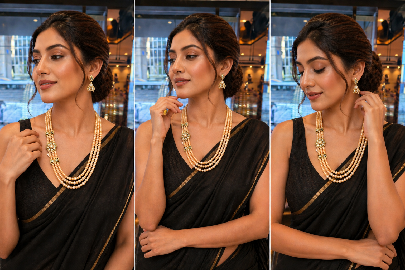 Designer 3-Strand Freshwater Pearl Necklace Set with Earrings thumbnail 3