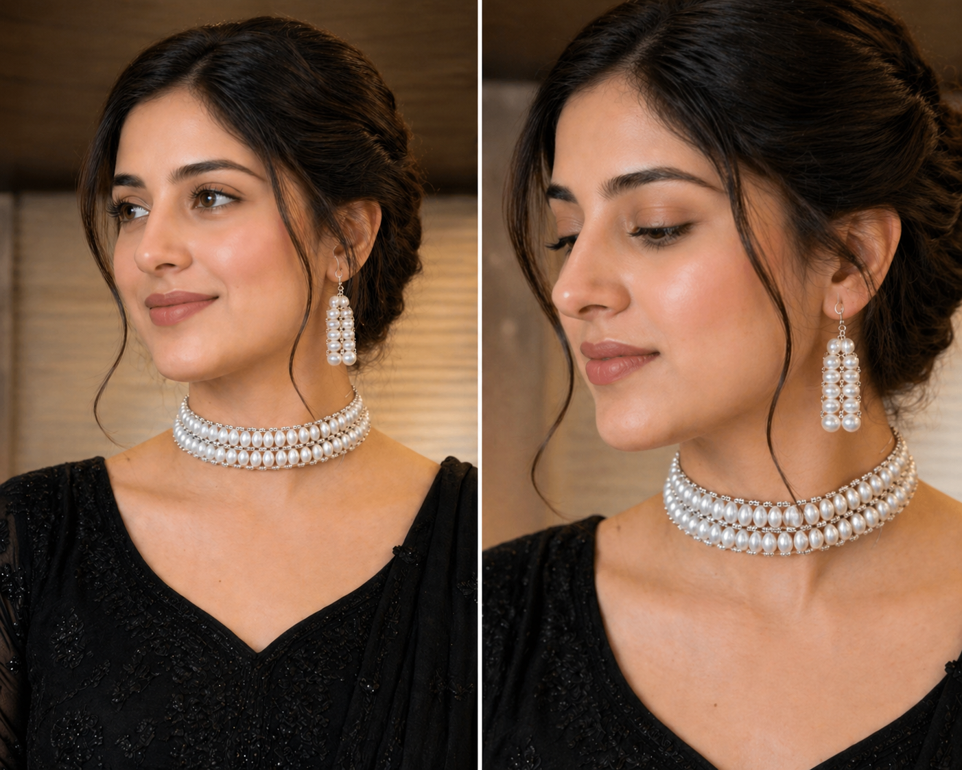 Elegant White Pearl Choker Necklace Set with Multi-Layer Drop Earrings thumbnail 3