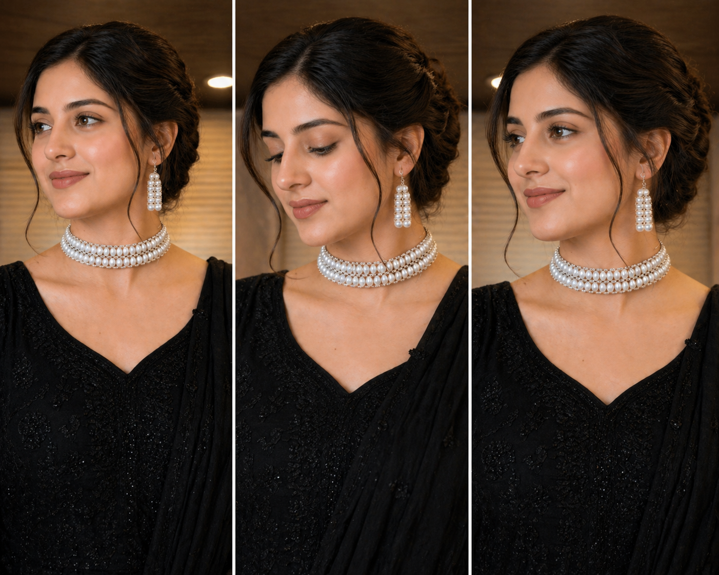 Elegant White Pearl Choker Necklace Set with Multi-Layer Drop Earrings thumbnail 5