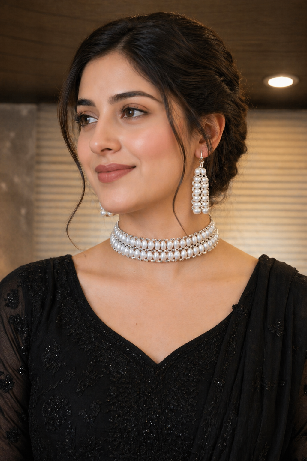 Elegant White Pearl Choker Necklace Set with Multi-Layer Drop Earrings thumbnail 4