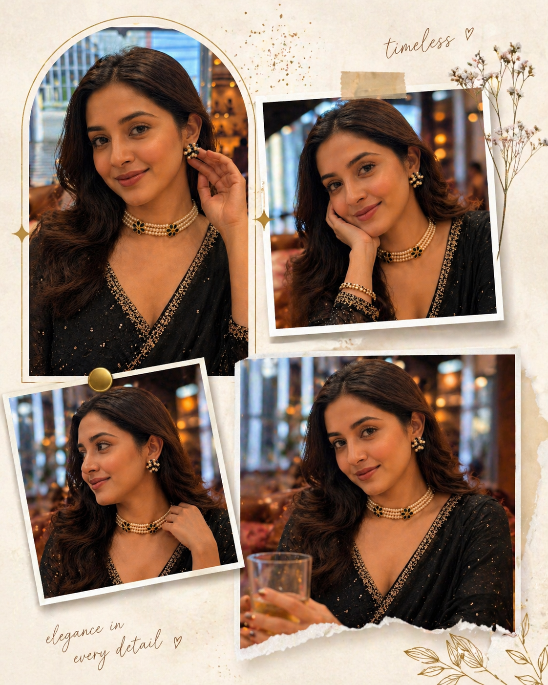 Designer Pearl Choker Necklace Set with Black Floral Accents thumbnail 3