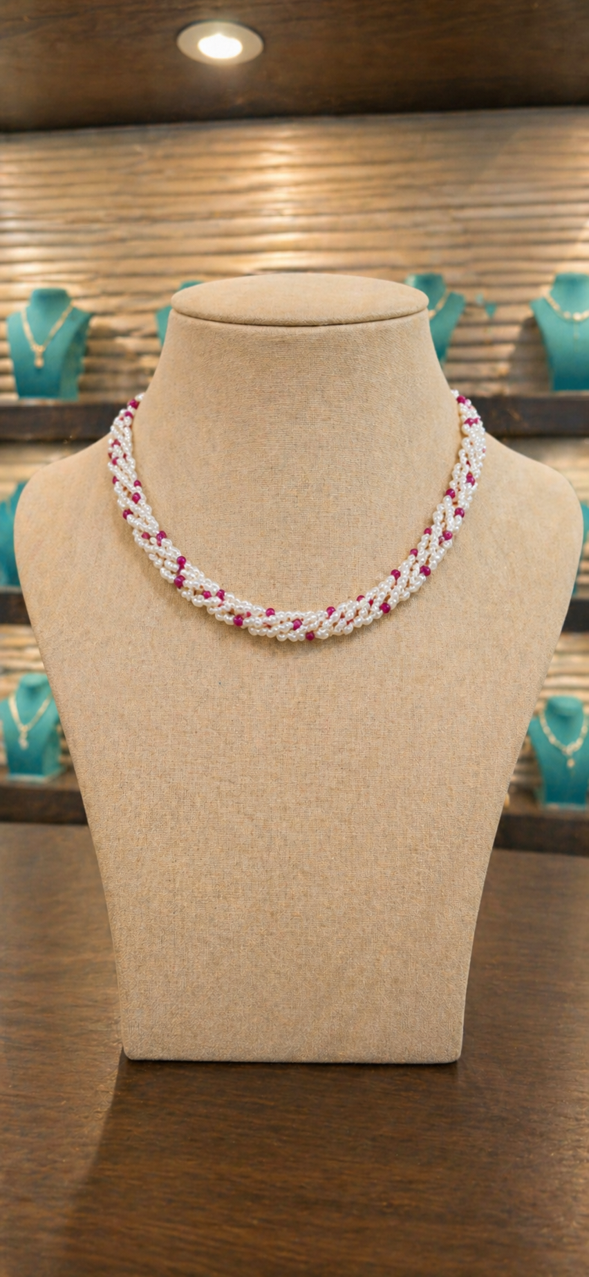 White Pearl Twisted Necklace with Pink Accents thumbnail 2