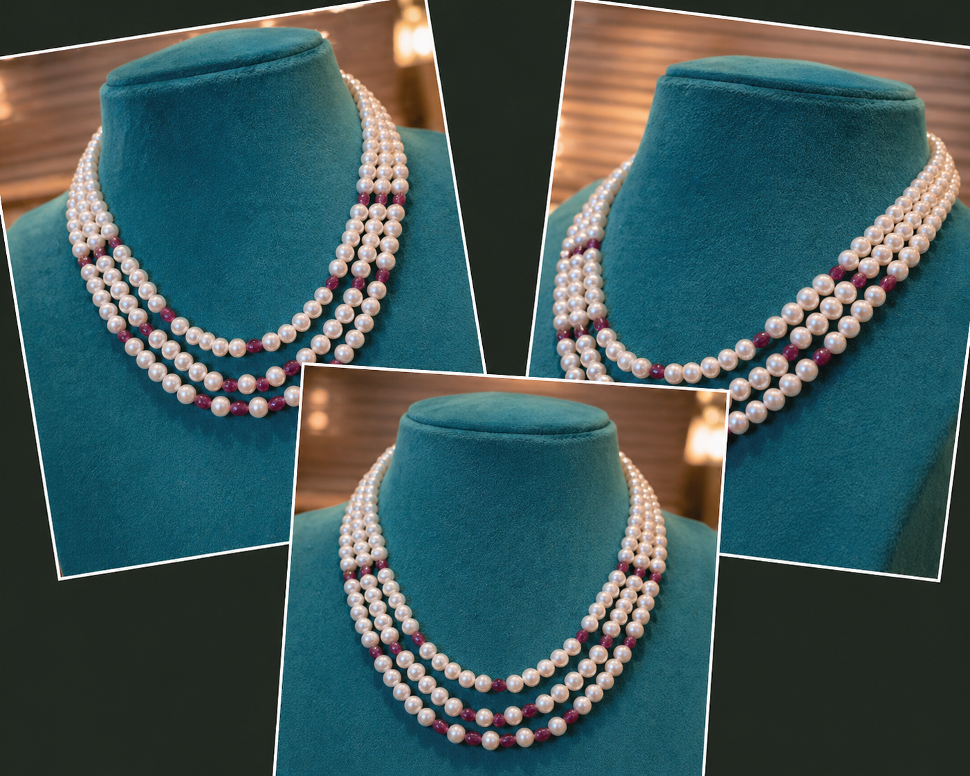 Premium Multi-Strand Pearl Necklace with Ruby Accents thumbnail 2