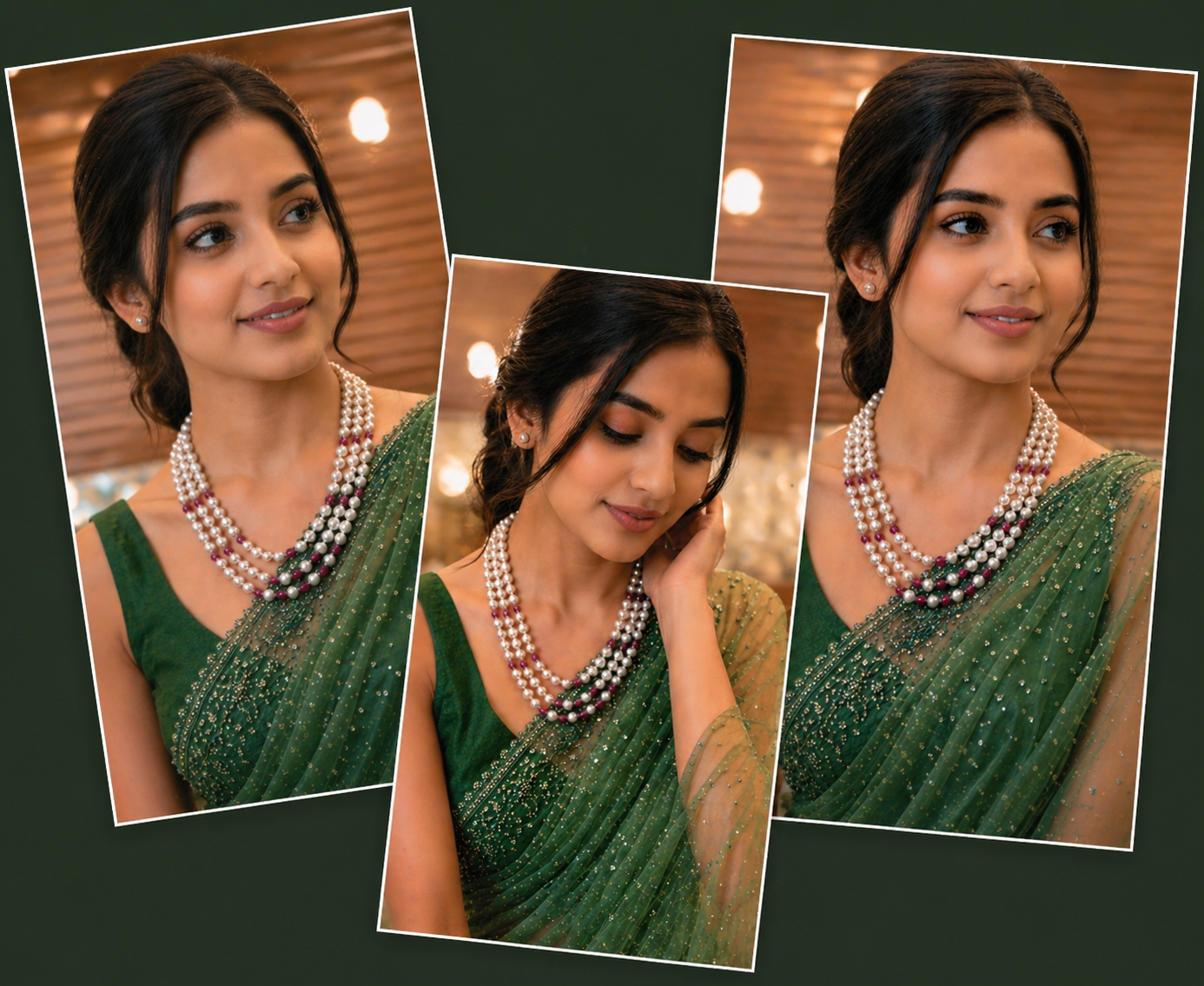 Premium Multi-Strand Pearl Necklace with Ruby Accents thumbnail 3