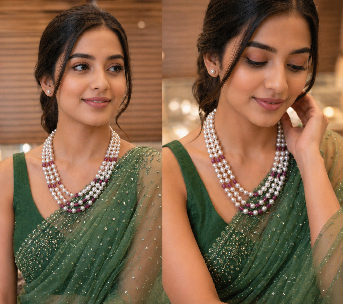 Premium Multi-Strand Pearl Necklace with Ruby Accents thumbnail 5