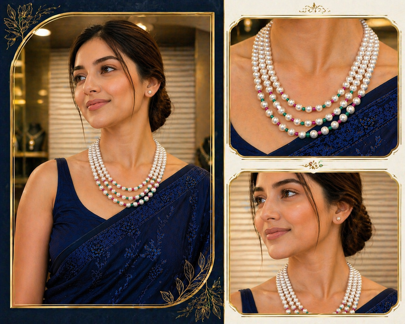 Multi-Layer Freshwater Pearl Necklace with Ruby & Emerald Beads thumbnail 5